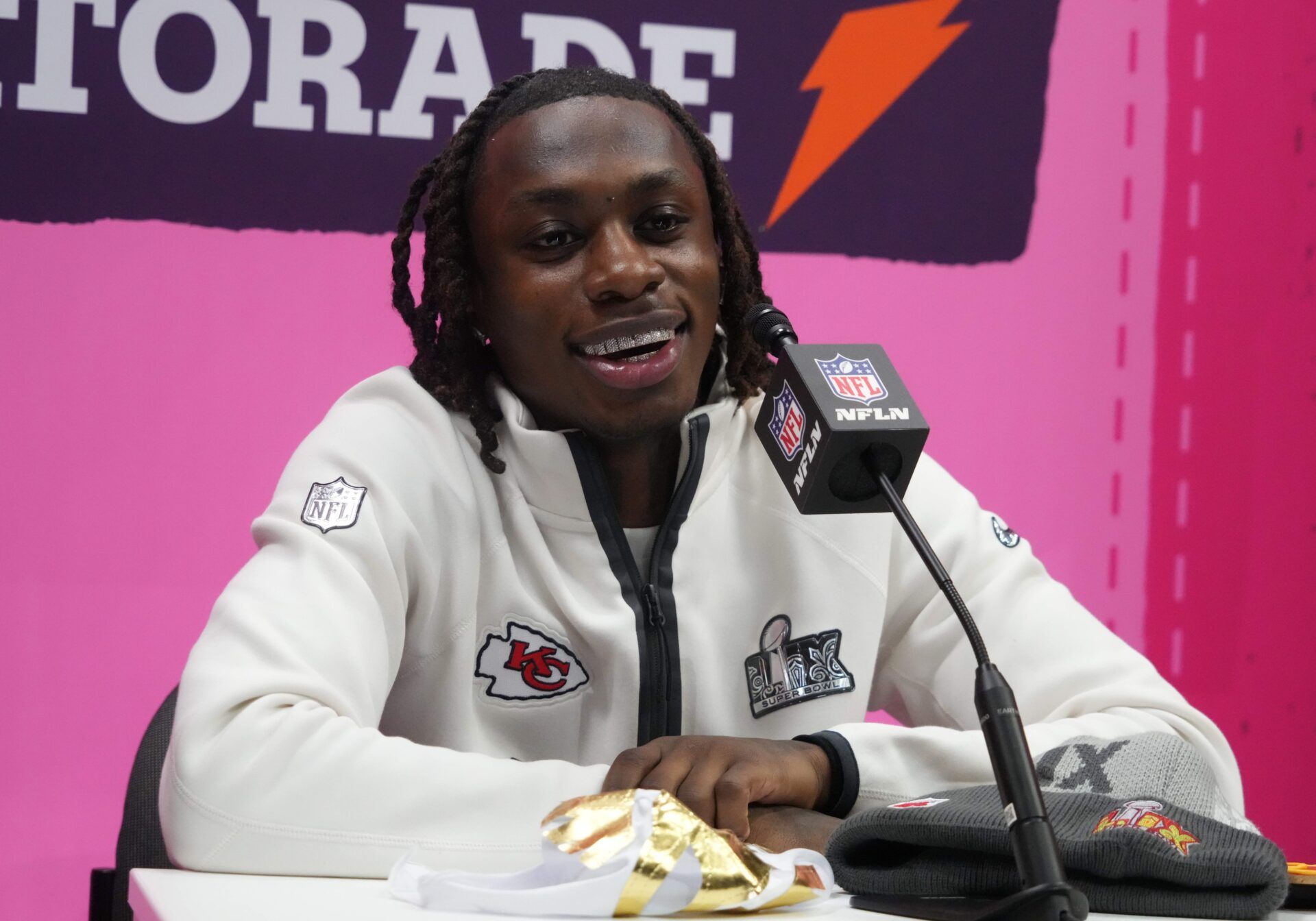 Kansas City Chiefs wide receiver Xavier Worthy (1) during Super Bowl LIX Opening Night at Ceasars Superdome.
