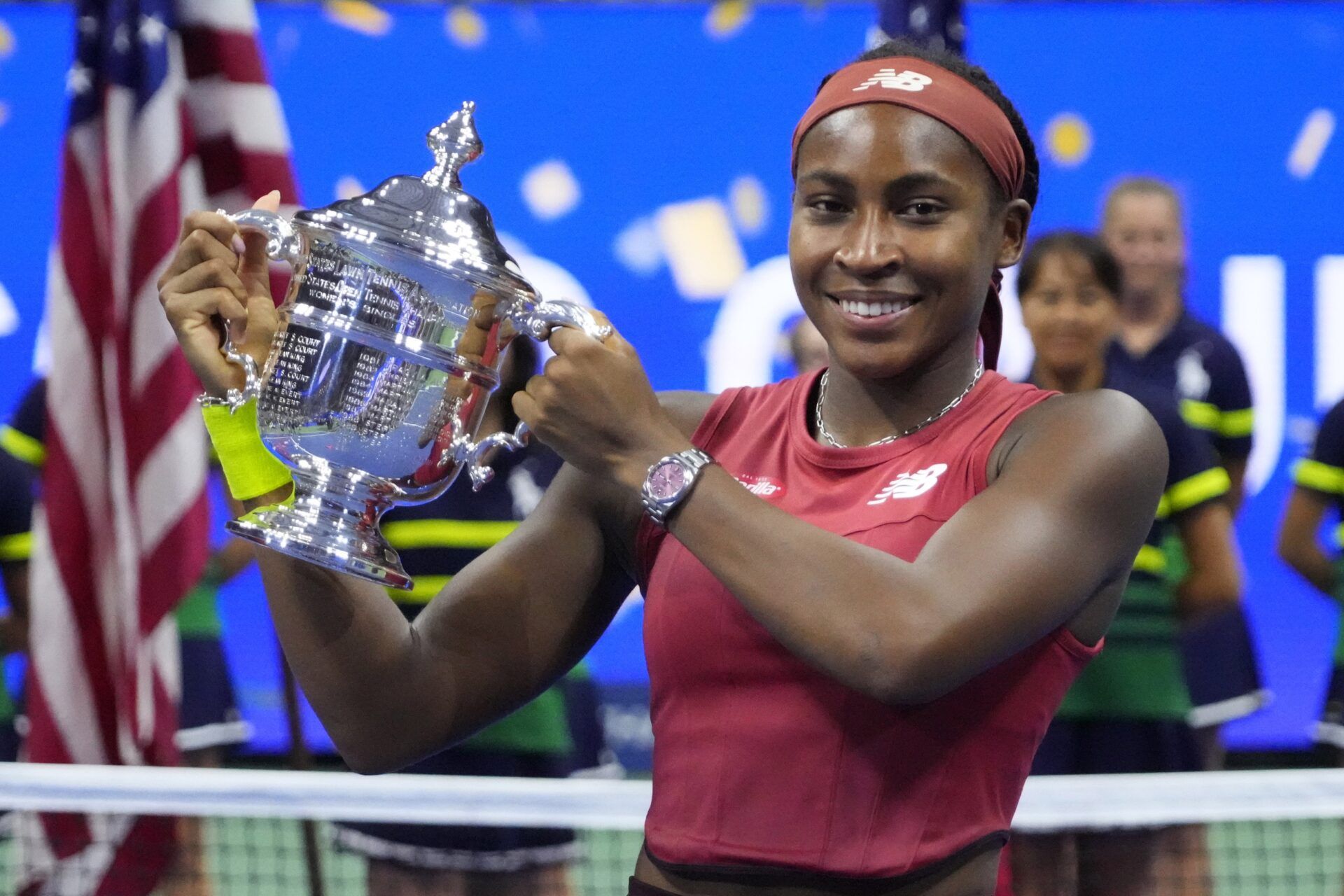 Flushing, NY, USA; Coco Gauff of the United States celebrates with the championship trophy after her match against Aryna Sabalenka (not pictured) in the women's singles final on day thirteen of the 2023 U.S. Open tennis tournament at USTA Billie Jean King Tennis Center.