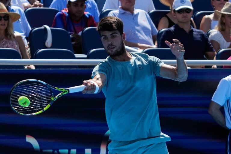 Carlos Alcaraz during his Men's Singles Finals match against Jannik Sinner at the Cincinnati Open in Mason, Ohio on Monday August 18, 2025. Sinner retired due to illness after losing five games to Alcaraz.