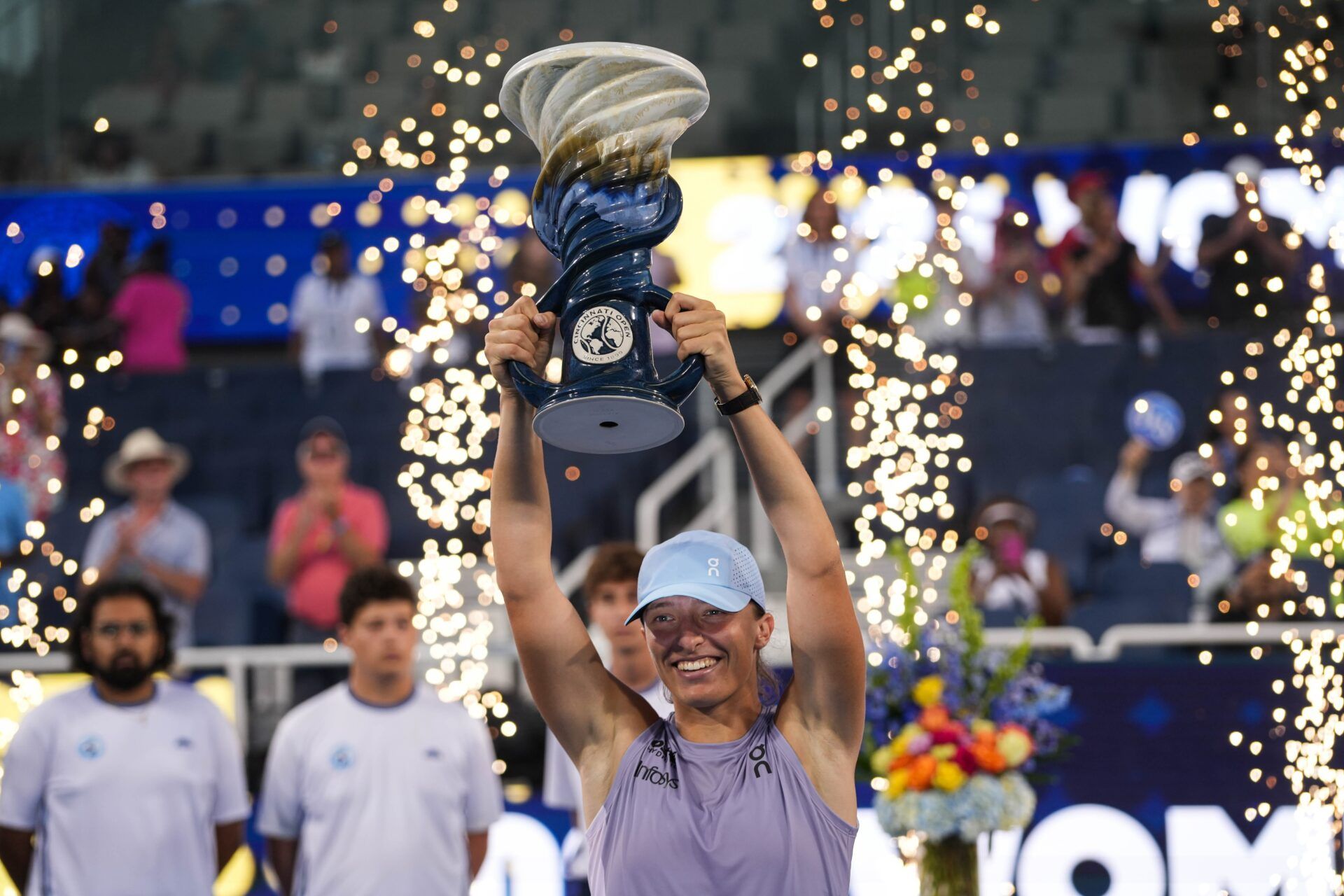 Iga Swiatek celebrates her victory after her Women's Singles Finals match against Jasmine Paolini at the Cincinnati Open in Mason, Ohio on Monday August 18, 2025. Swiatek beat Paolini 7-5, 6-4.