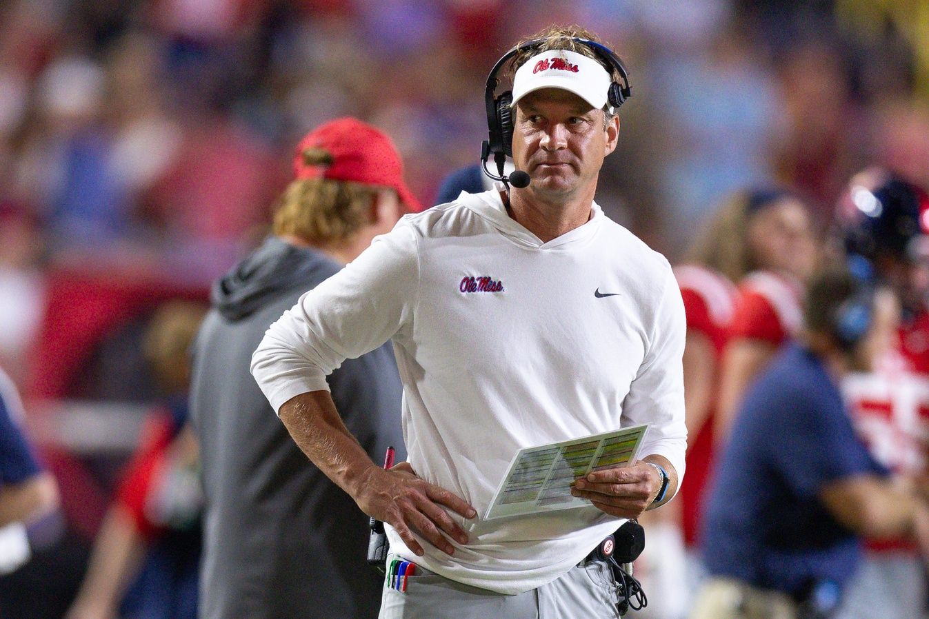 Mississippi Rebels head coach Lane Kiffin looks on during the second half against the LSU Tigers at Tiger Stadium.