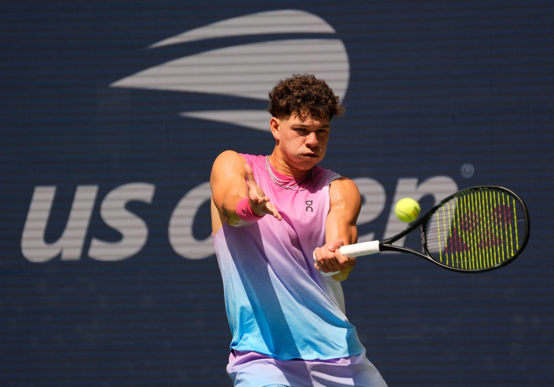 Ben Shelton of the USA hits to Dominic Thiem of Austria on day one of the 2024 U.S. Open tennis tournament at USTA Billie Jean King National Tennis Center.