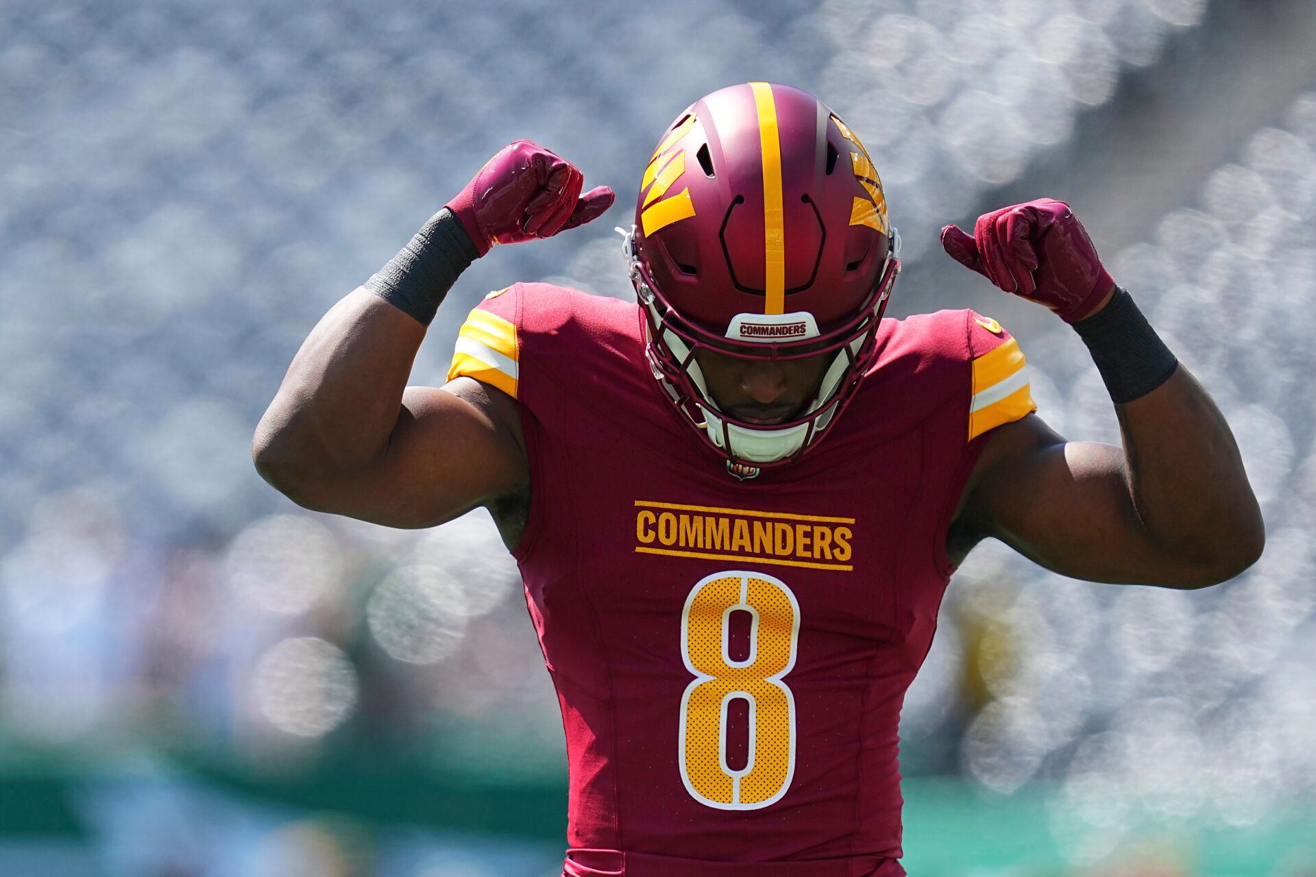 EAST RUTHERFORD, NEW JERSEY - AUGUST 10: Brian Robinson Jr. #8 of the Washington Commanders reacts prior to the preseason game against the New York Jets at MetLife Stadium on August 10, 2024 in East Rutherford, New Jersey. (Photo by Mitchell Leff/Getty Images)