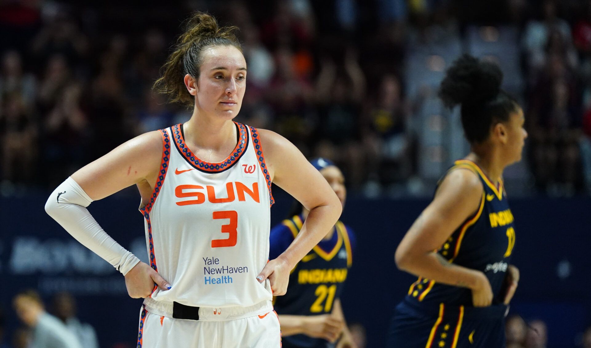 Connecticut Sun guard Marina Mabrey (3) on the court against the Indiana Fever in overtime at Mohegan Sun Arena.