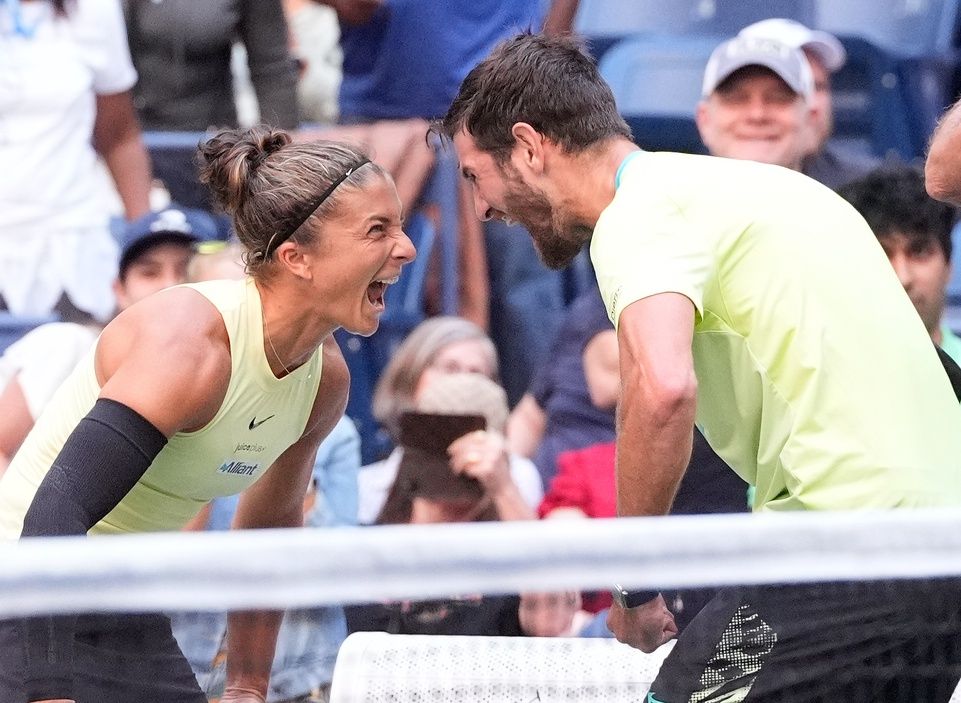 Sept 5 2024; Flushing, NY, USA;    Sara Errani and Andrea Vavassori (ITA) celebrate after beating Donald Young and Taylor Townsend (USA) in the Mixed Doubles Final on day eleven of the 2024 U.S. Open tennis tournament at USTA Billie Jean King National Tennis Center.
