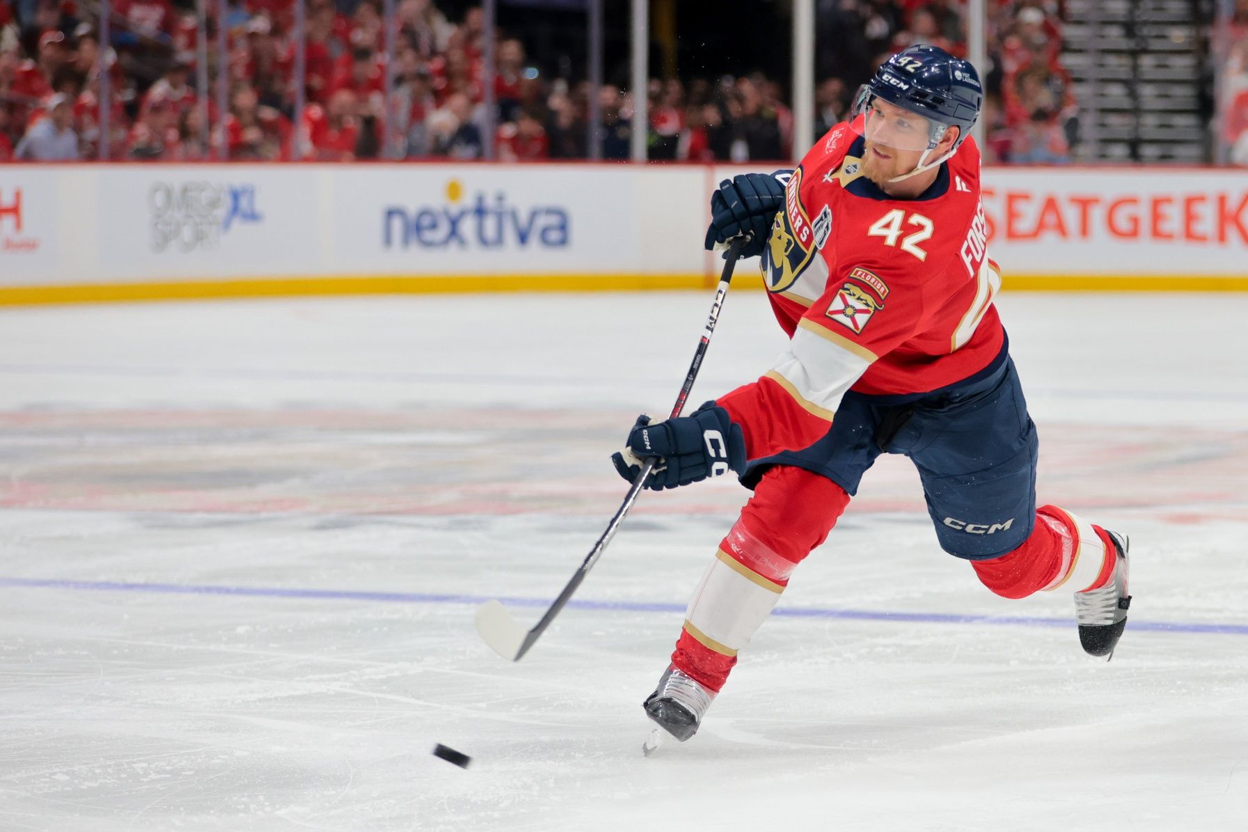 Florida Panthers defenseman Gustav Forsling (42) shoots the puck against the Edmonton Oilers during the second period in game six of the 2025 Stanley Cup Final at Amerant Bank Arena.