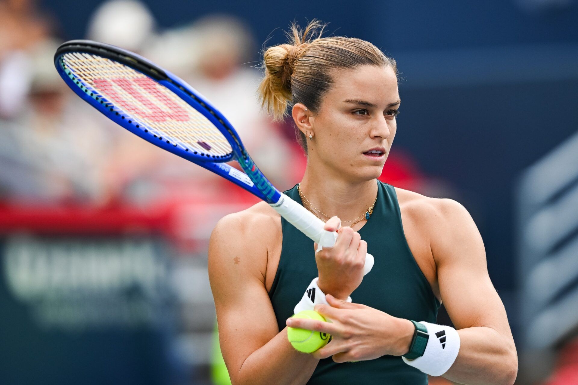 Maria Sakkari (GRE) looks on against Jessica Pegula (USA) in second round play at IGA Stadium.