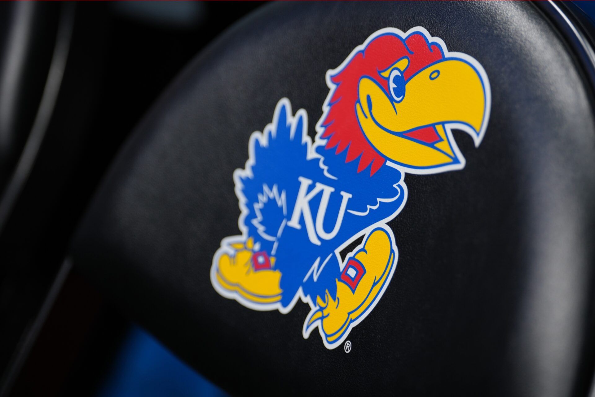 A general view of the Kansas Jayhawks logo on a bench chair prior to a game against the Oakland Golden Grizzlies at Allen Fieldhouse.