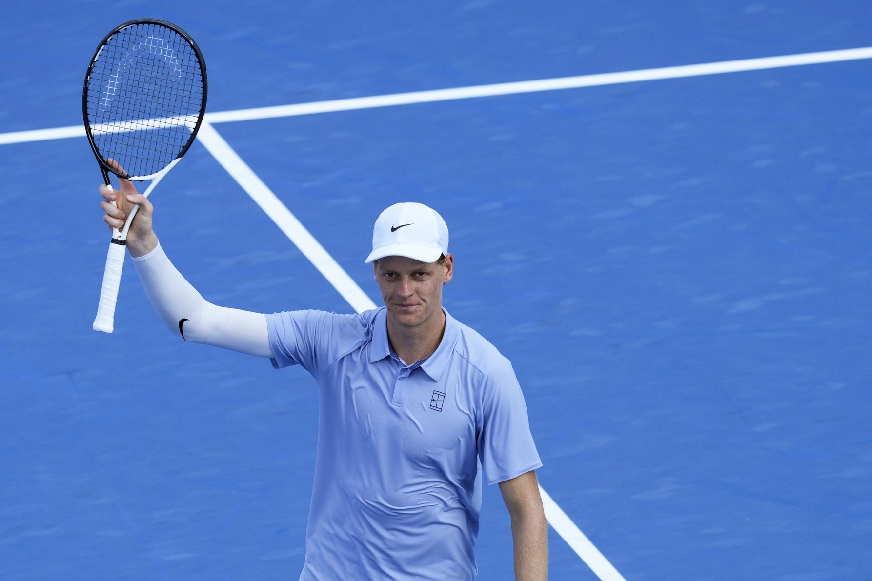 Jannik Sinner (ITA) acknowledges the crowd after defeating Terence Atmane (FRA) during the Cincinnati Open at the Lindner Family Tennis Center.
