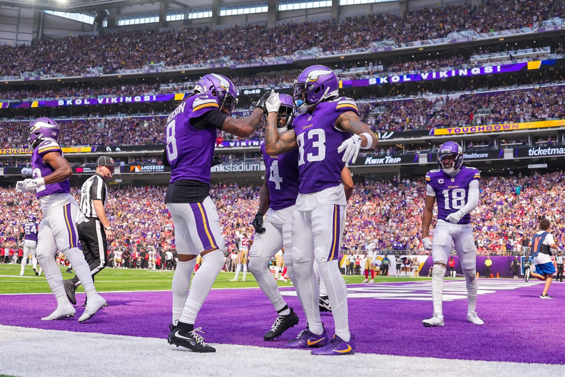 Minnesota Vikings wide receiver Jalen Nailor (83) celebrates his touchdown against the San Francisco 49ers in the third quarter at U.S. Bank Stadium.