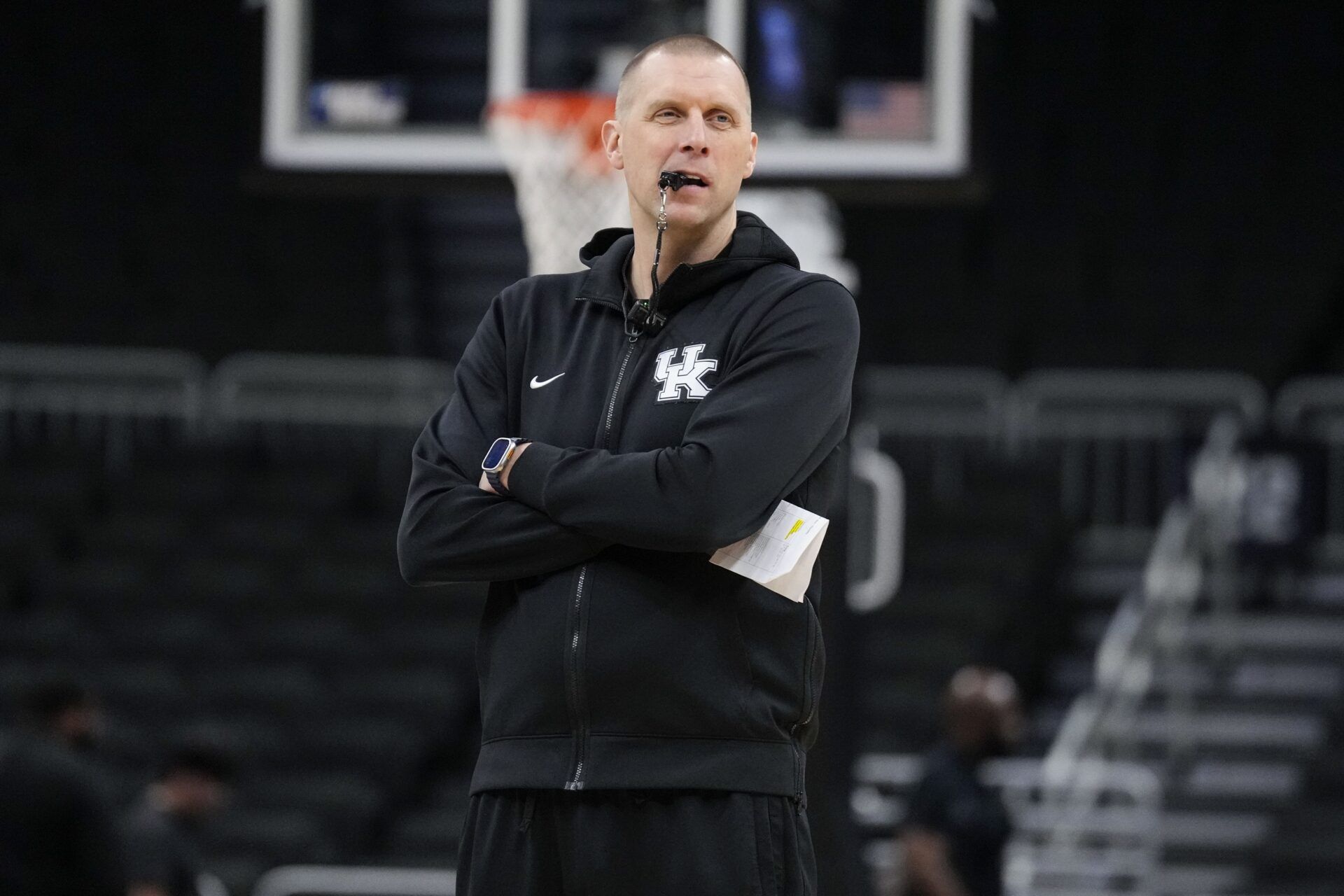 Kentucky Wildcats head coach Mark Pope looks on during NCAA Tournament First Round Practice at Fiserv Forum.