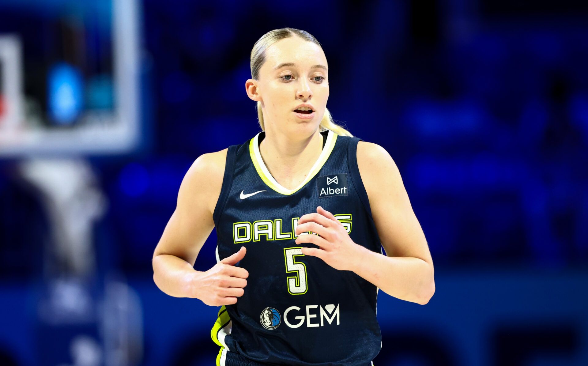Dallas Wings guard Paige Bueckers (5) reacts against the Atlanta Dream during the first half at College Park Center.