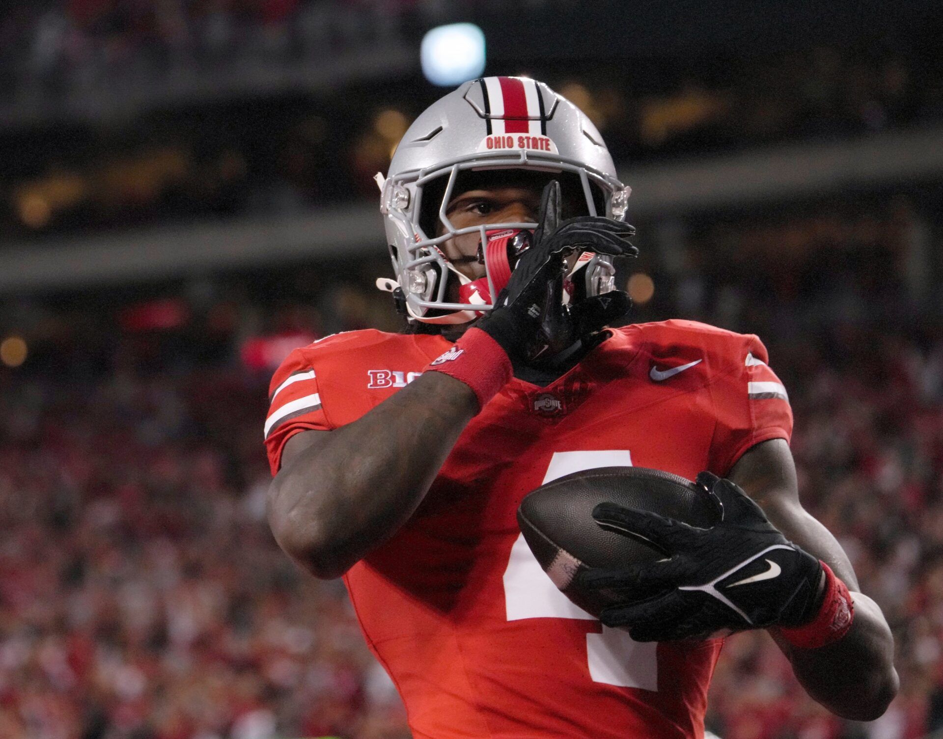 Sept. 7, 2024; Columbus, Ohio, USA;
Ohio State Buckeyes wide receiver Jeremiah Smith (4) celebrates after scoring a touchdown during the first half of an NCAA Division I football game on Saturday at Ohio Stadium. IMAGN