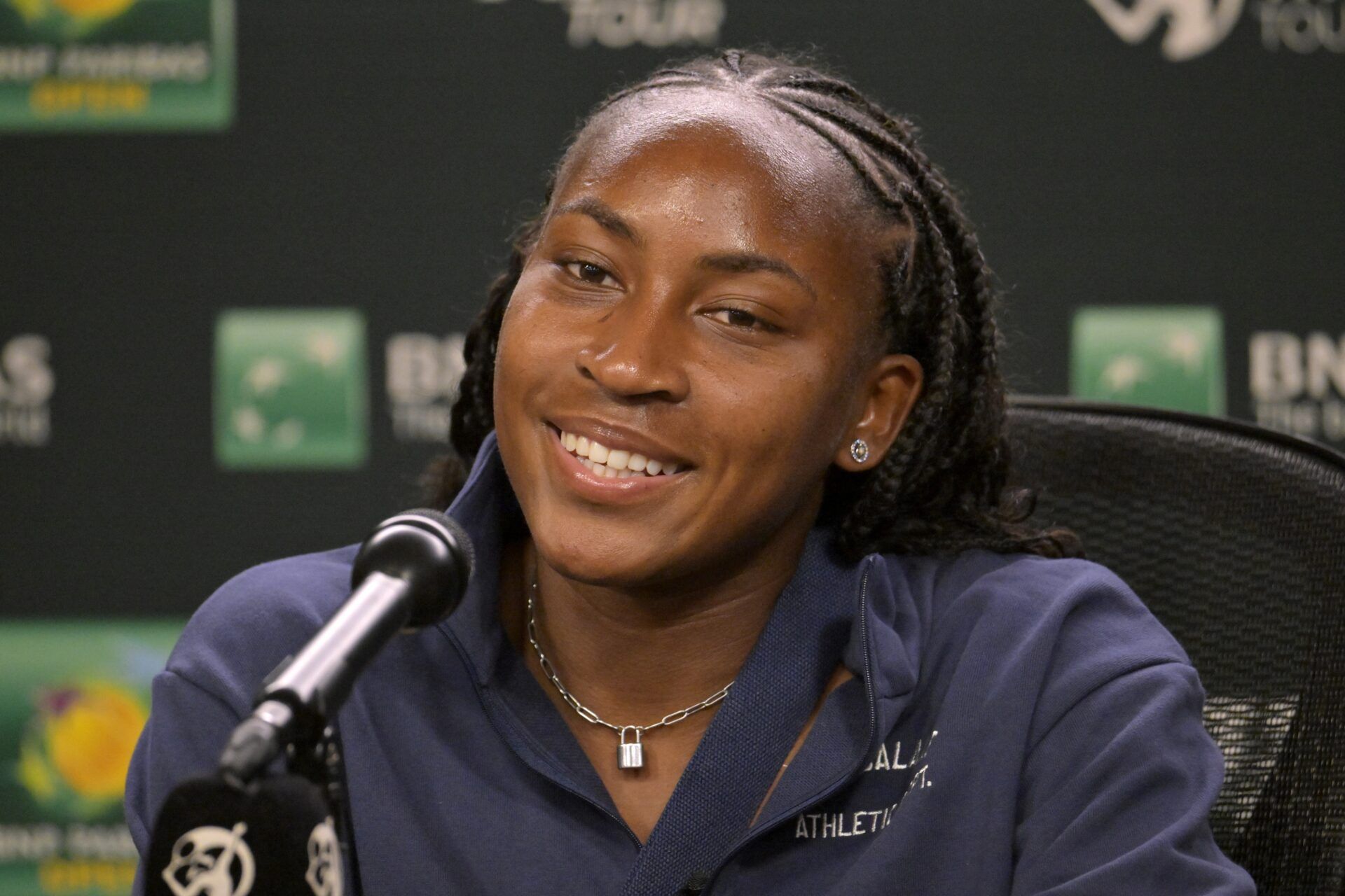 Coco Gauff (USA) answers questions from the media during a press conference during the BNP Paribas Open at the Indian Wells Tennis Garden.
