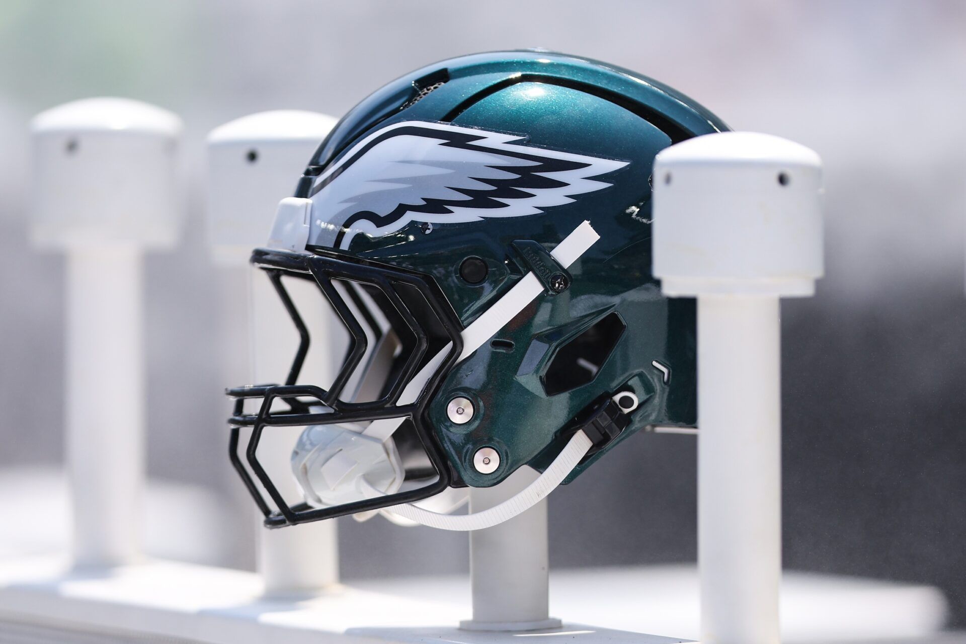 Philadelphia Eagles helmet on the bench during a game against the Cleveland Browns at Lincoln Financial Field.