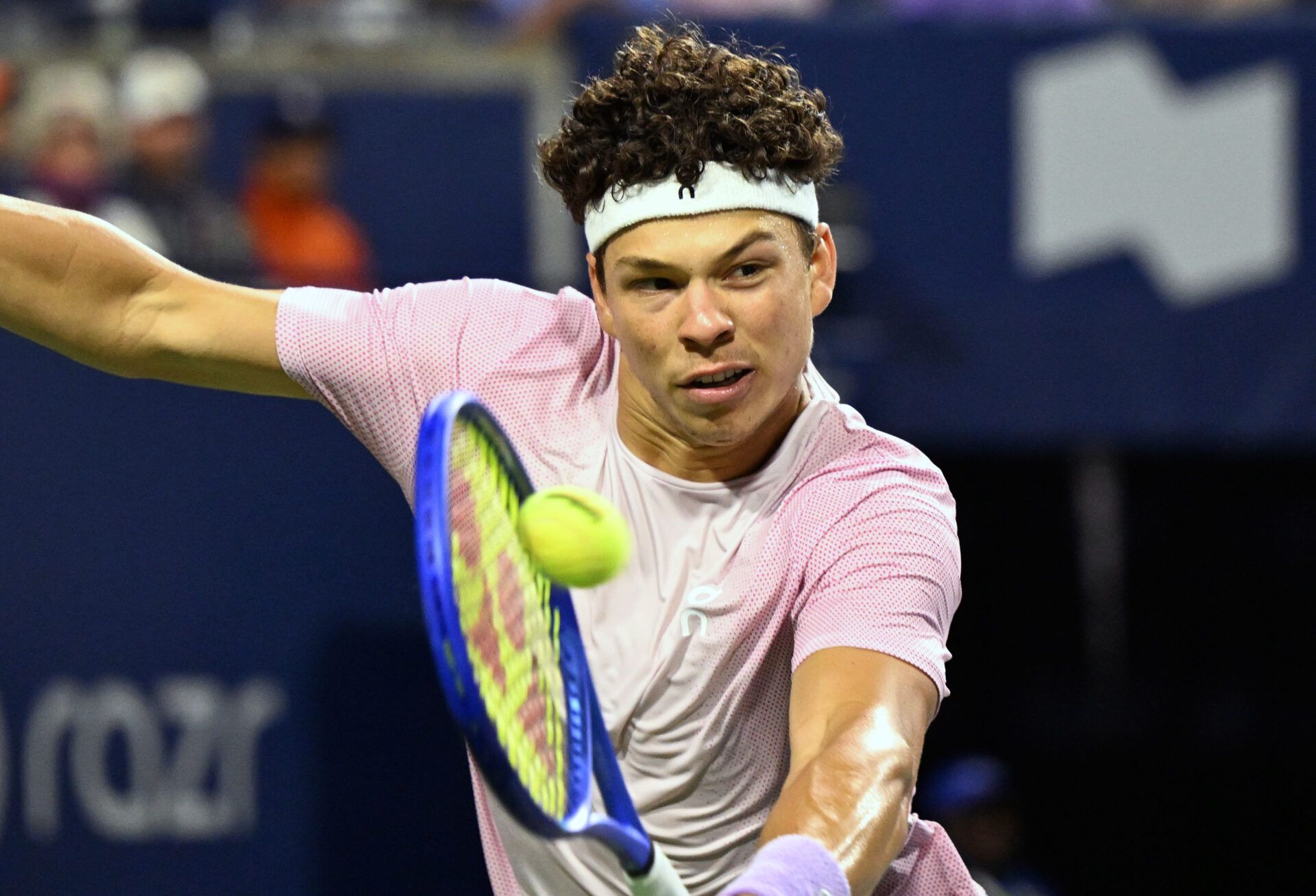 Ben Shelton (USA) plays a shot against Karen Khachanov during the singles final at Sobeys Stadium.