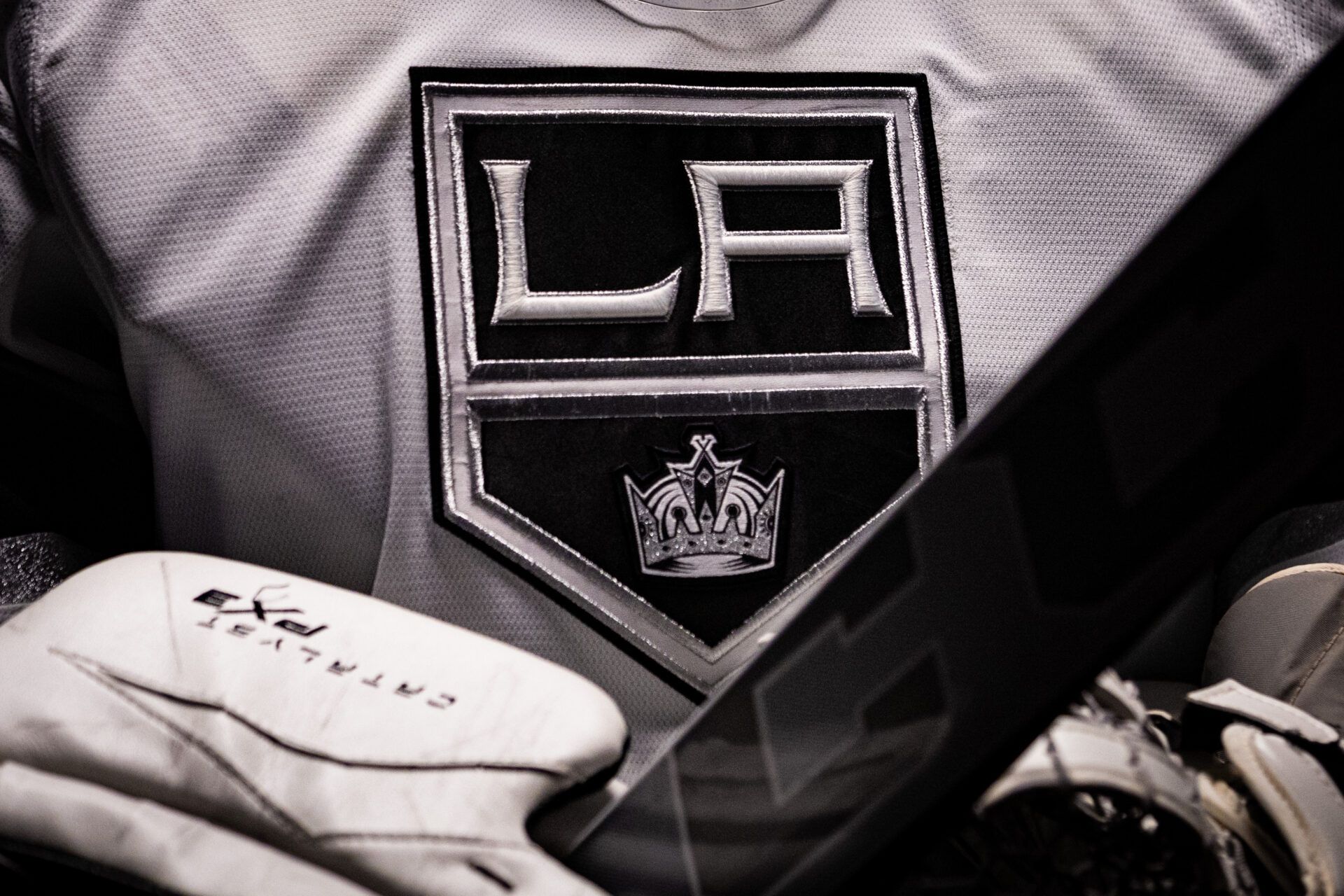 Los Angeles Kings logo on the jersey of goaltender Pheonix Copley outside his locker room before a game against the Philadelphia Flyers at Wells Fargo Center.