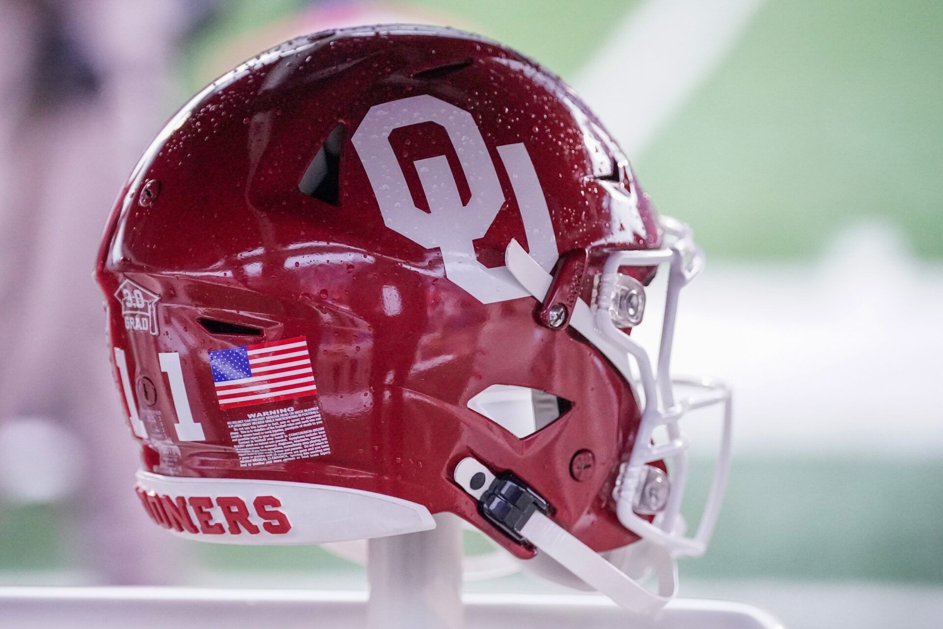 A general view of an Oklahoma Sooners helmet against the Kansas Jayhawks during the first half at David Booth Kansas Memorial Stadium.