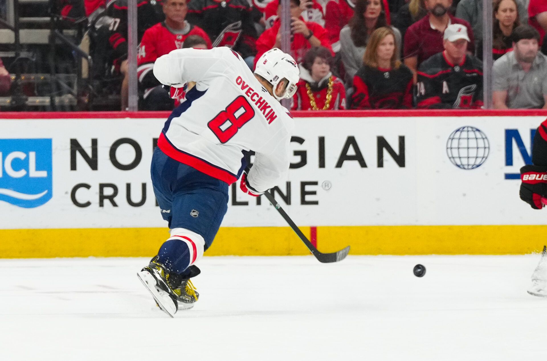 Washington Capitals left wing Alex Ovechkin (8) scores a goal on his shot against the Carolina Hurricanes during the third period in game four of the second round of the 2025 Stanley Cup Playoffs at Lenovo Center.