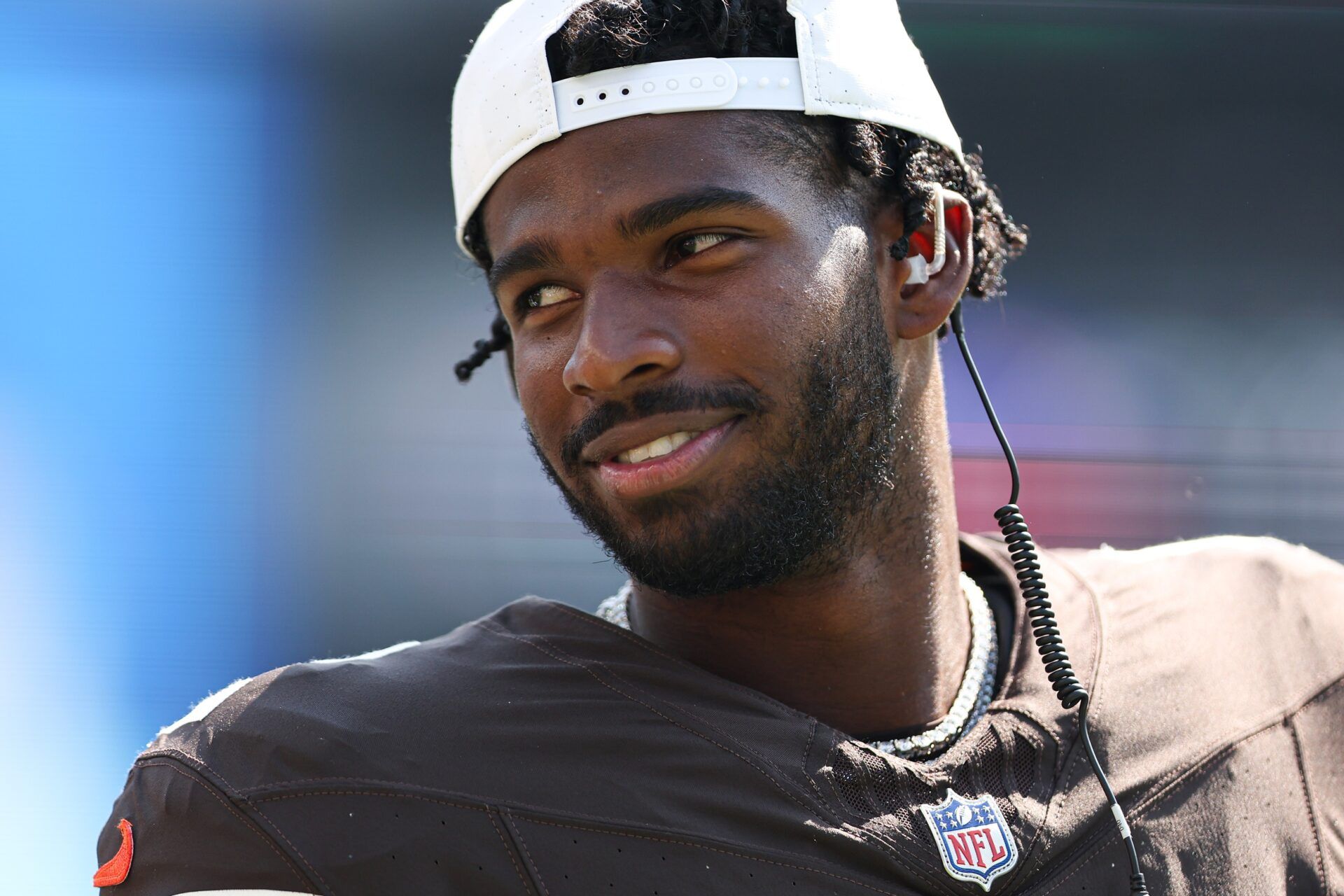 Cleveland Browns quarterback Shedeur Sanders looks on during the third quarter against the Philadelphia Eagles at Lincoln Financial Field.