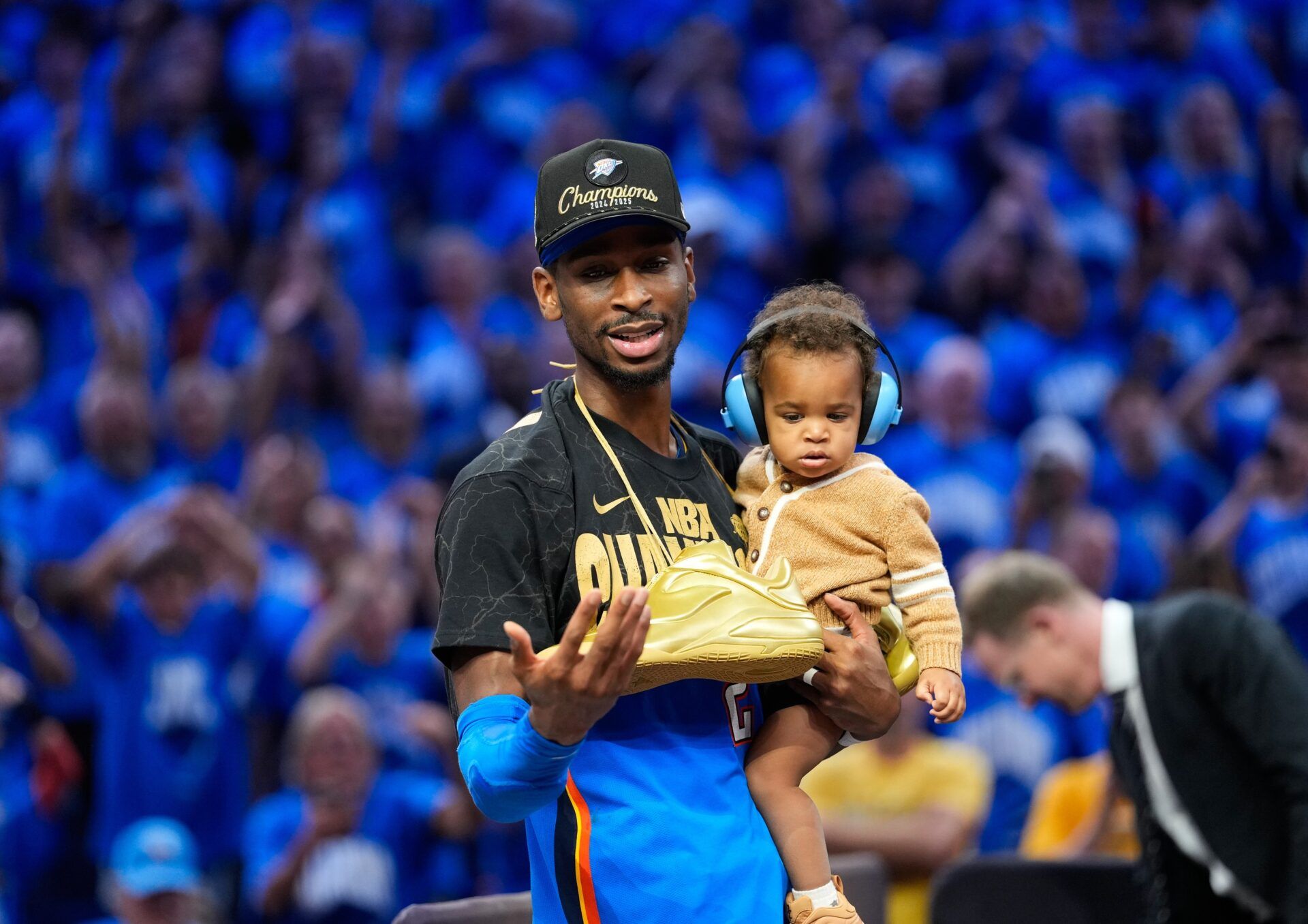 Oklahoma City Thunder guard Shai Gilgeous-Alexander (2) after winning game seven of the 2025 NBA Finals against the Indiana Pacers at Paycom Center.