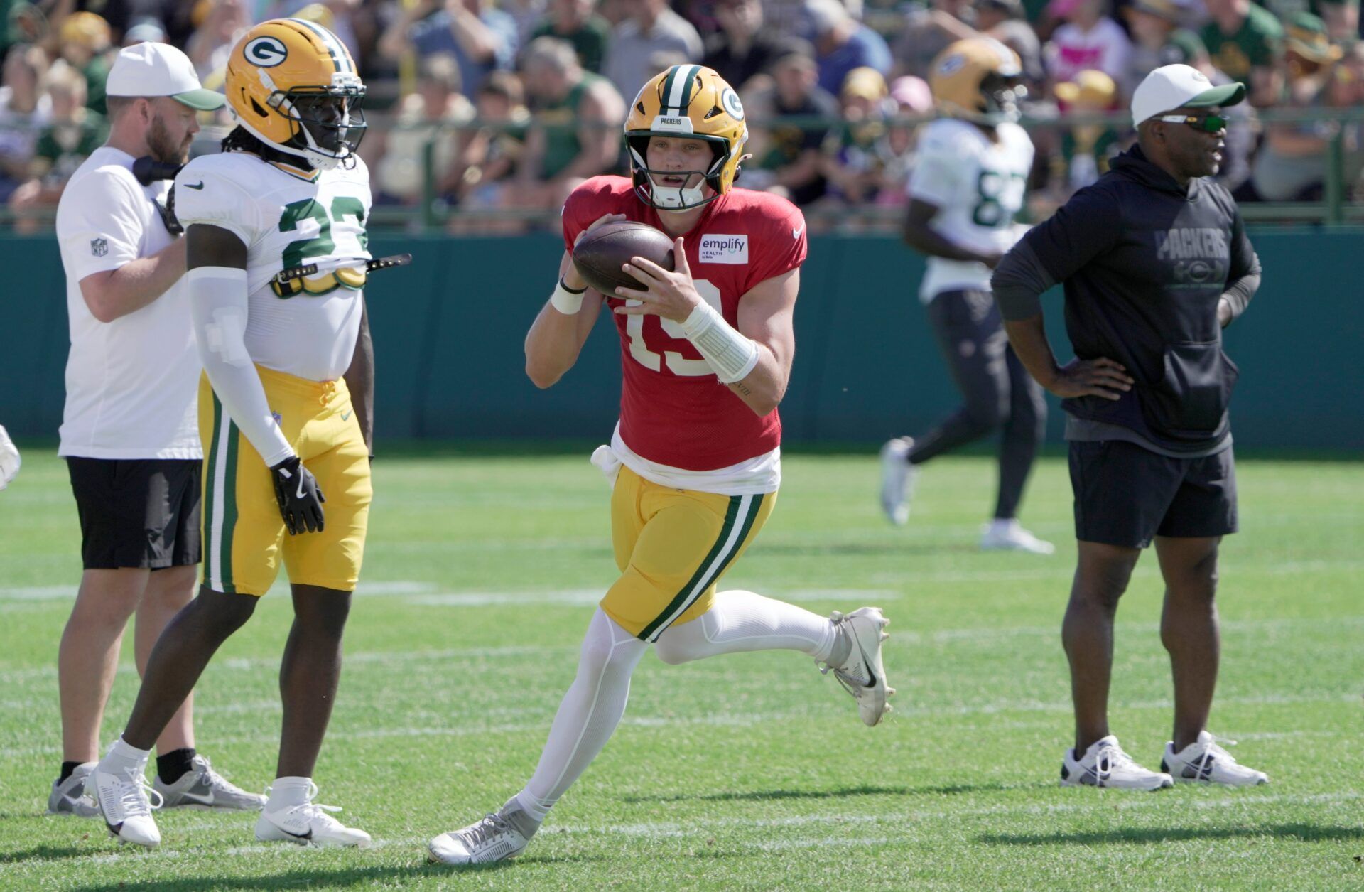 Green Bay Packers quarterback Taylor Elgersma (19) is shown during a joint practice with the Seattle Seahawks Thursday, August 21, 2025 in Green Bay, Wisconsin.