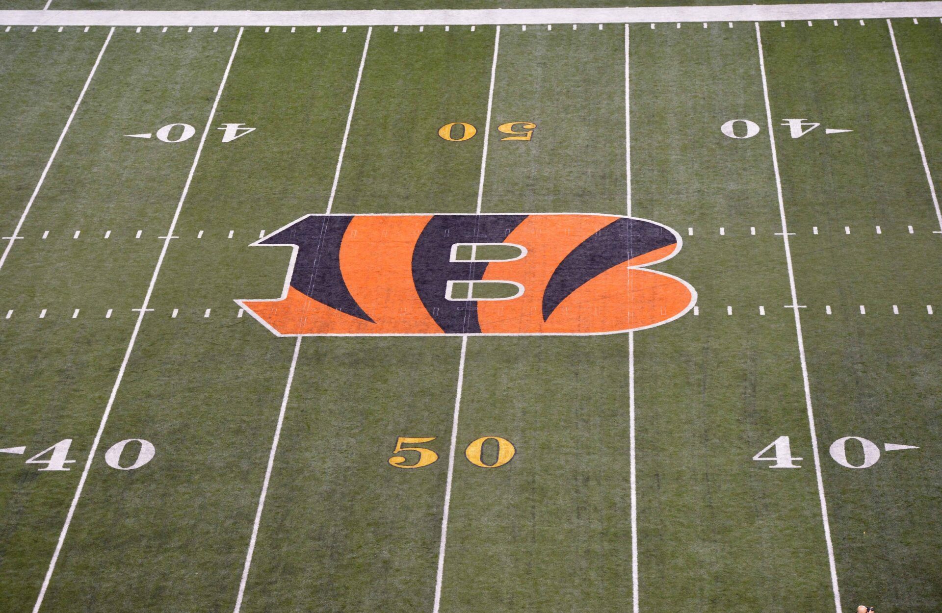 General view of Cincinnati Bengals logo at midfield of an NFL football game at Paul Brown Stadium.