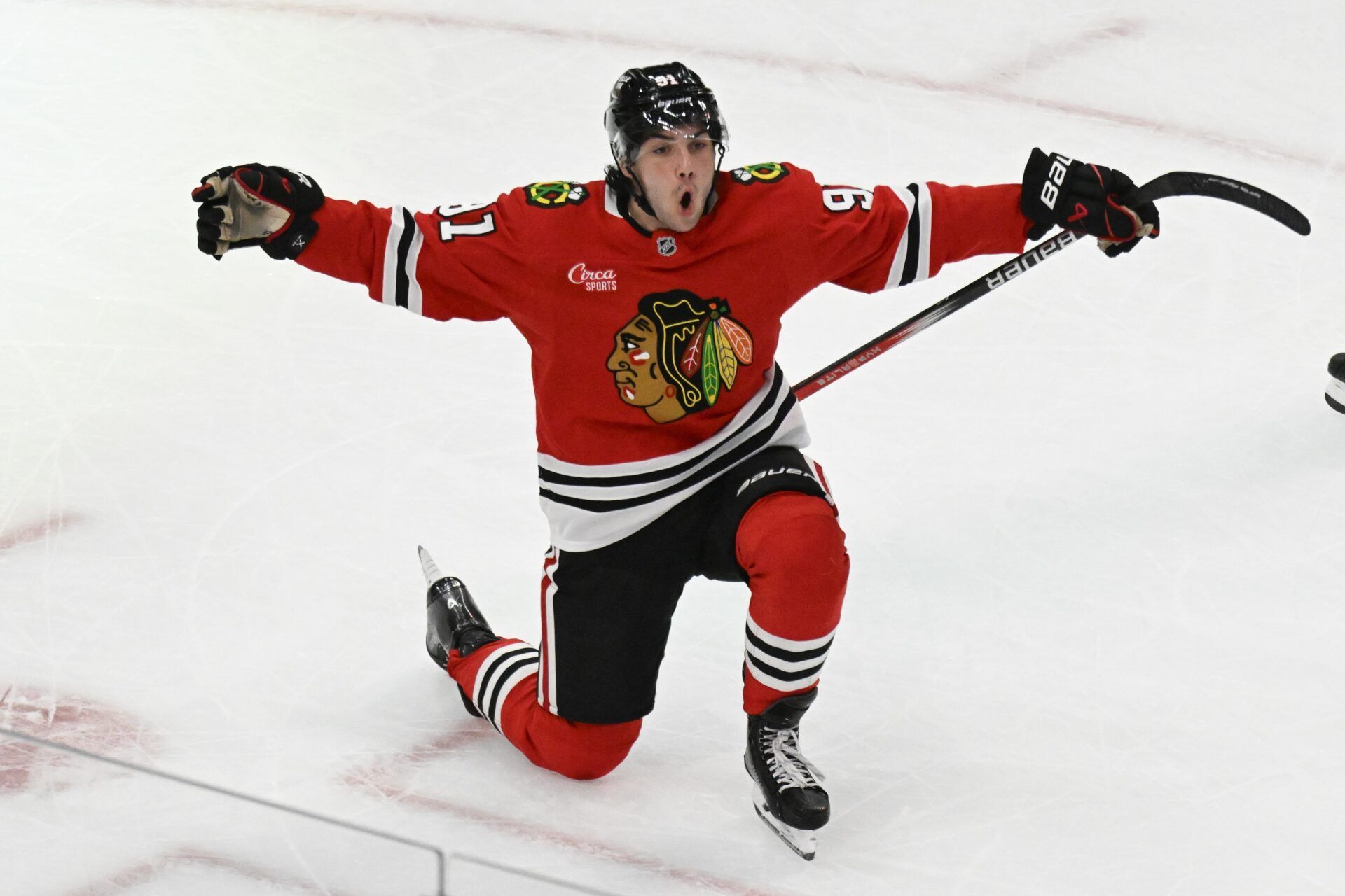 Chicago Blackhawks center Frank Nazar (91) celebrates after scoring a goal against the Winnipeg Jets during the third period at United Center.