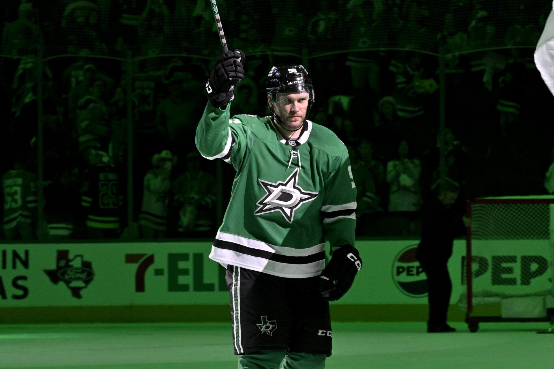 Dallas Stars right wing Mikko Rantanen (96) skates off the ice after the Stars defeat the Winnipeg Jets in game three of the second round of the 2025 Stanley Cup Playoffs at American Airlines Center.