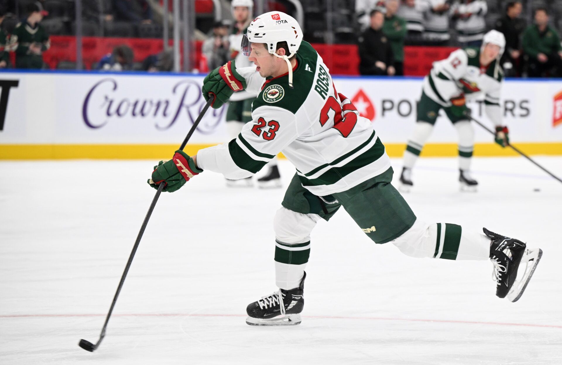 Minnesota Wild forward Marco Rossi (23)) warms up before playing the Toronto Maple Leafs at Scotiabank Arena.
