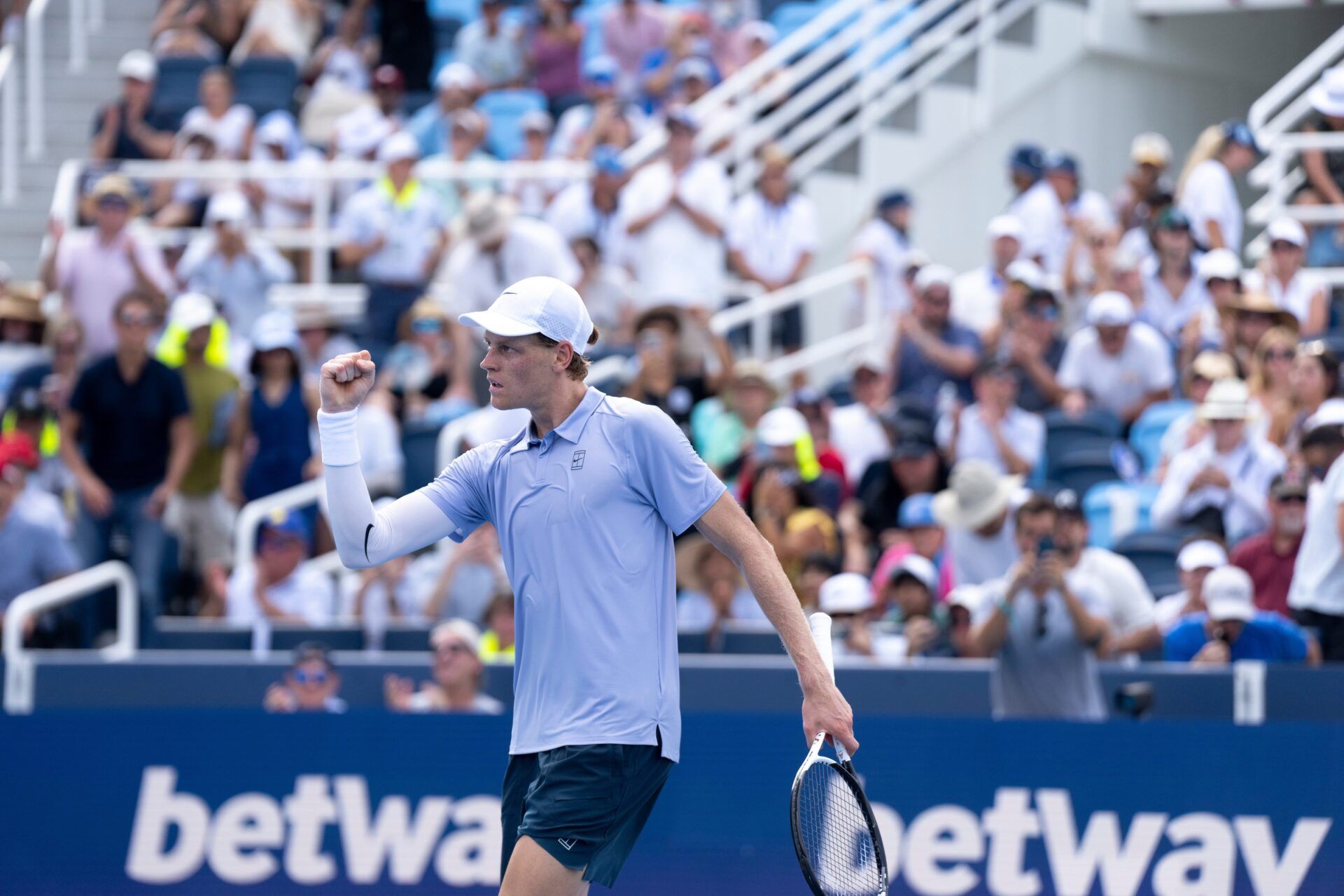 Jannik Sinner, of Italy, reacts to winning the match against Terence Atmane, of France, during the Cincinnati Open in Mason on Aug. 16, 2025.