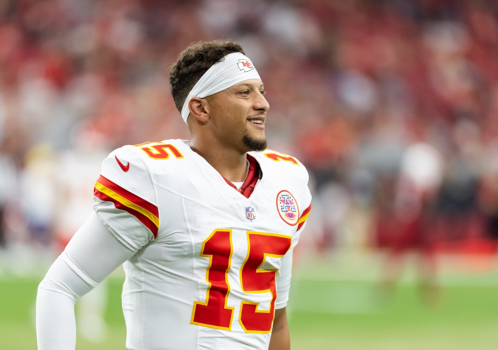 Kansas City Chiefs quarterback Patrick Mahomes (15) against the Arizona Cardinals during a preseason NFL game at State Farm Stadium.