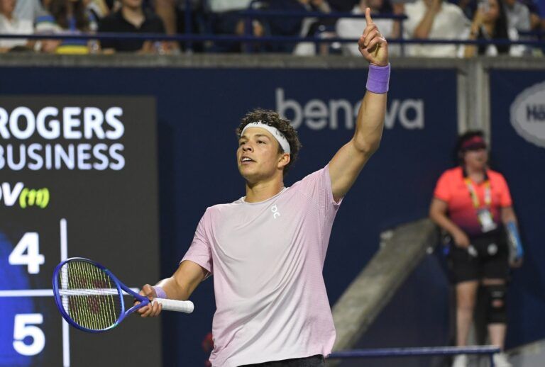 Ben Shelton (USA) reacts after winning a game against Karen Khachanov during the singles final at Sobeys Stadium.