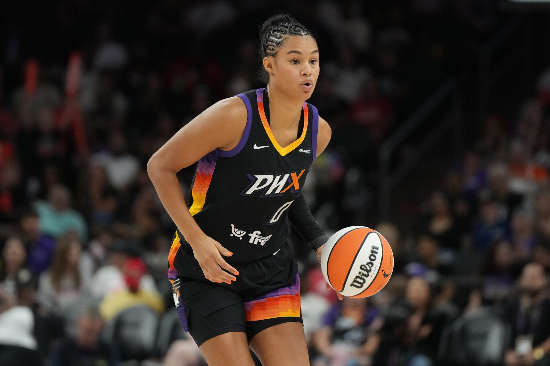 Aug 15, 2a025; Phoenix, Arizona, USA; Phoenix Mercury forward Satou Sabally (0) brings the ball up against the Las Vegas Aces in the second half at Footprint Center.
