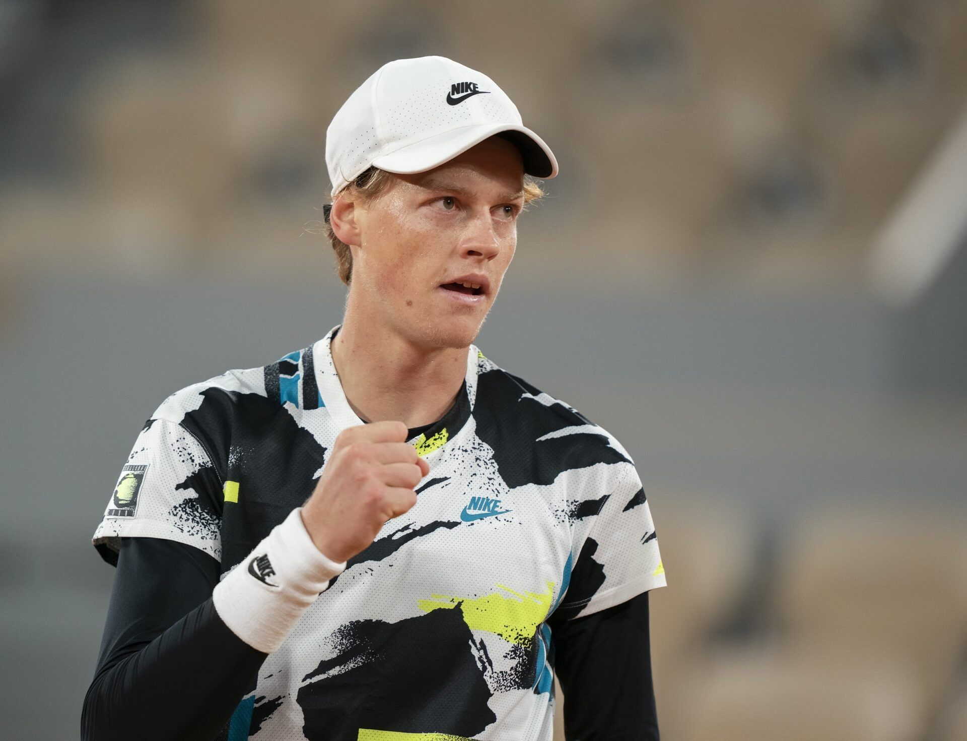 Jannik Sinner (ITA) reacts during his match against Rafael Nadal (ESP) on day 10 at Stade Roland Garros.