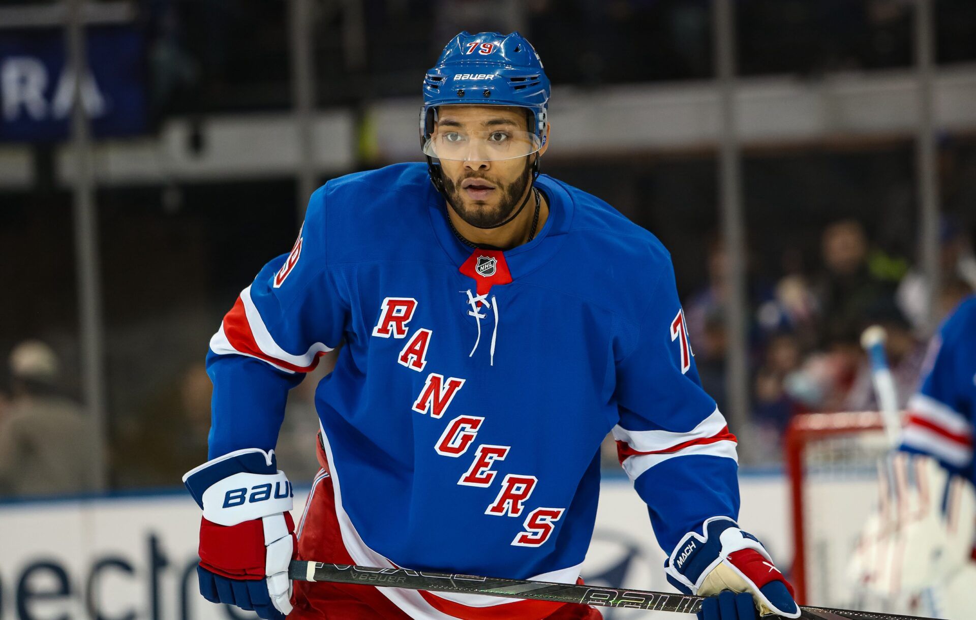 New York Rangers defenseman K'Andre Miller (79) skates against the Vancouver Canucks during the second period at Madison Square Garden.