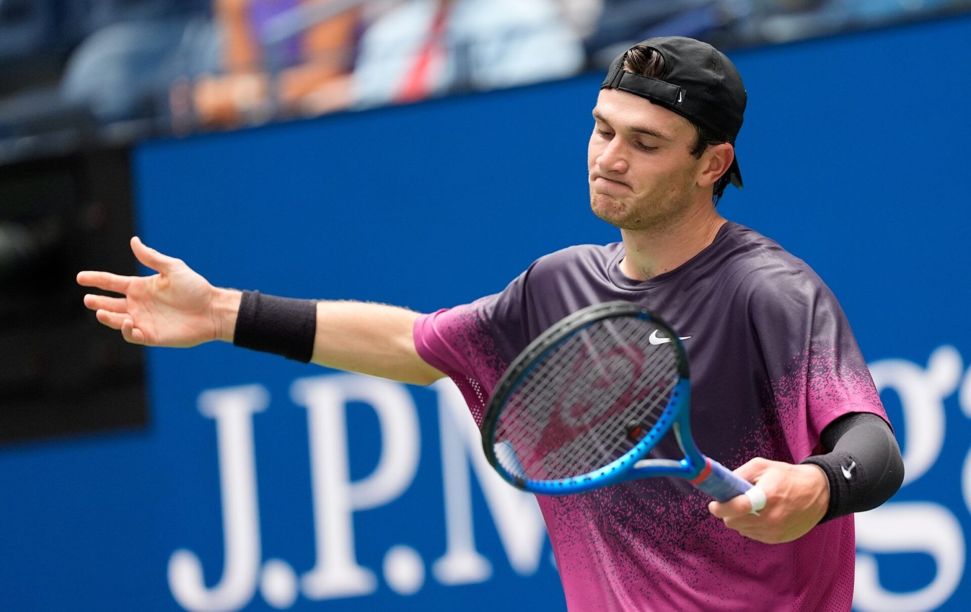 Flushing, NY, USA;     Jack Draper (GBR) after a miss to Jannik Sinner (ITA) on day twelve of the 2024 U.S. Open tennis tournament at USTA Billie Jean King National Tennis Center.