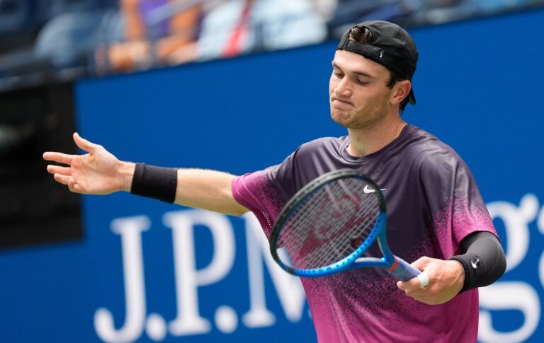 Flushing, NY, USA;     Jack Draper (GBR) after a miss to Jannik Sinner (ITA) on day twelve of the 2024 U.S. Open tennis tournament at USTA Billie Jean King National Tennis Center.