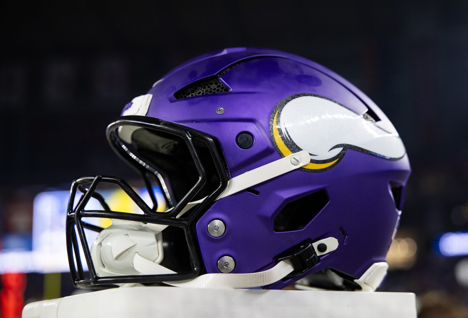 Detailed view of a Minnesota Vikings helmet during an NFC wild card game at State Farm Stadium.