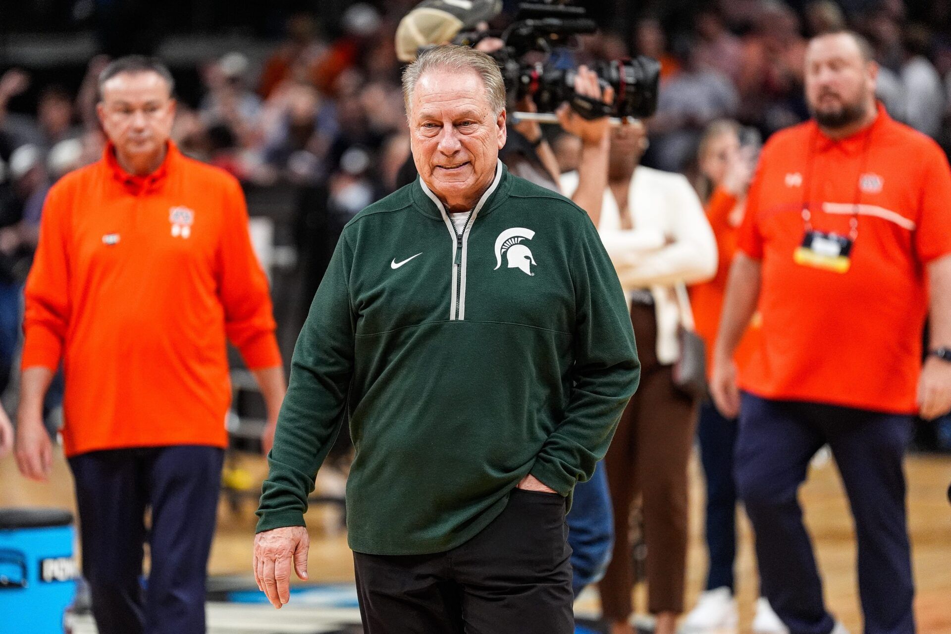 Michigan State head coach Tom Izzo exits the court after 70-64 loss to Auburn at the Elite Eight round of NCAA tournament at State Farm Arena in Atlanta, Ga. on Sunday, March 30, 2025.