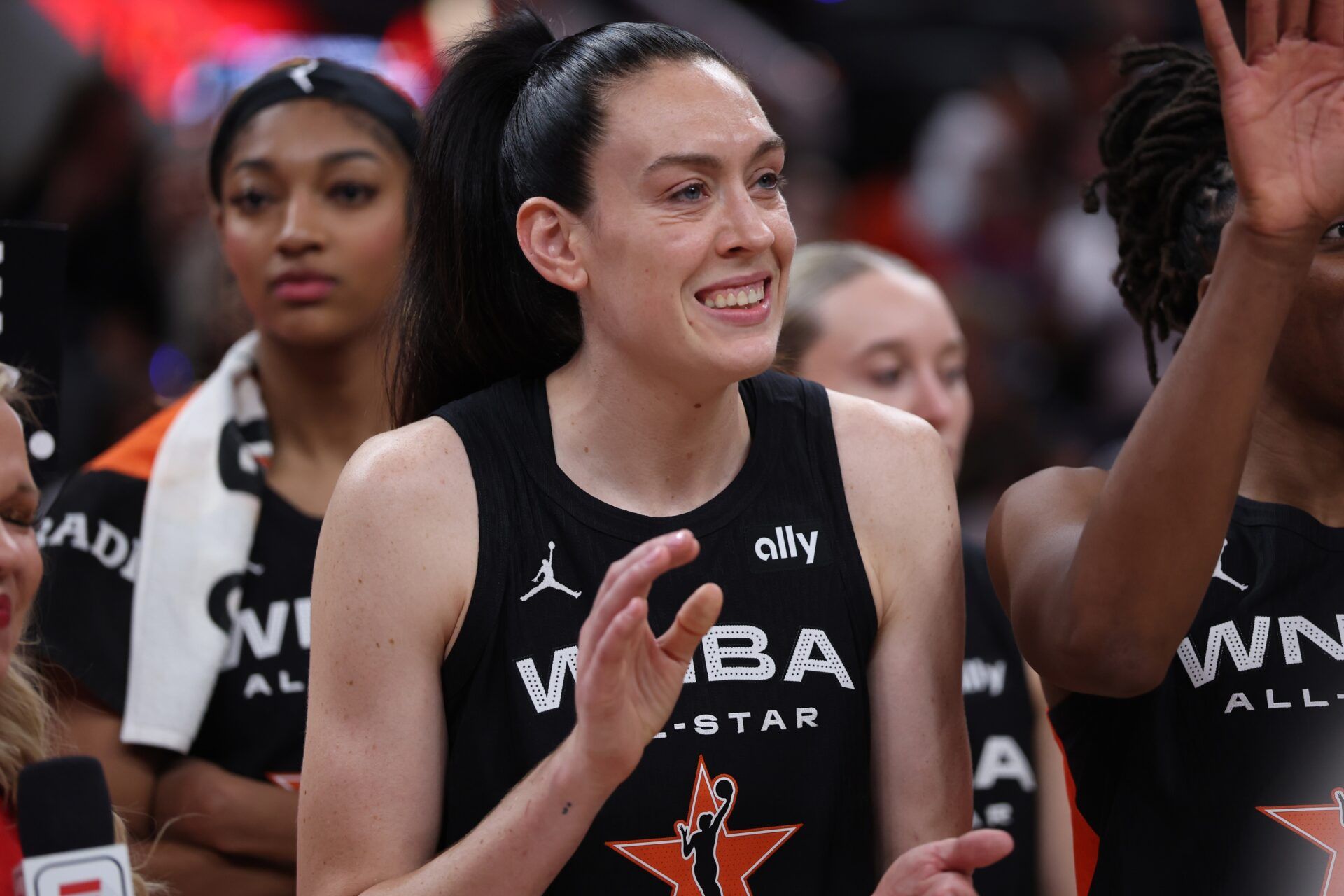 Team Collier forward Breanna Stewart (30) celebrates after the 2025 WNBA All Star Game at Gainbridge Fieldhouse.