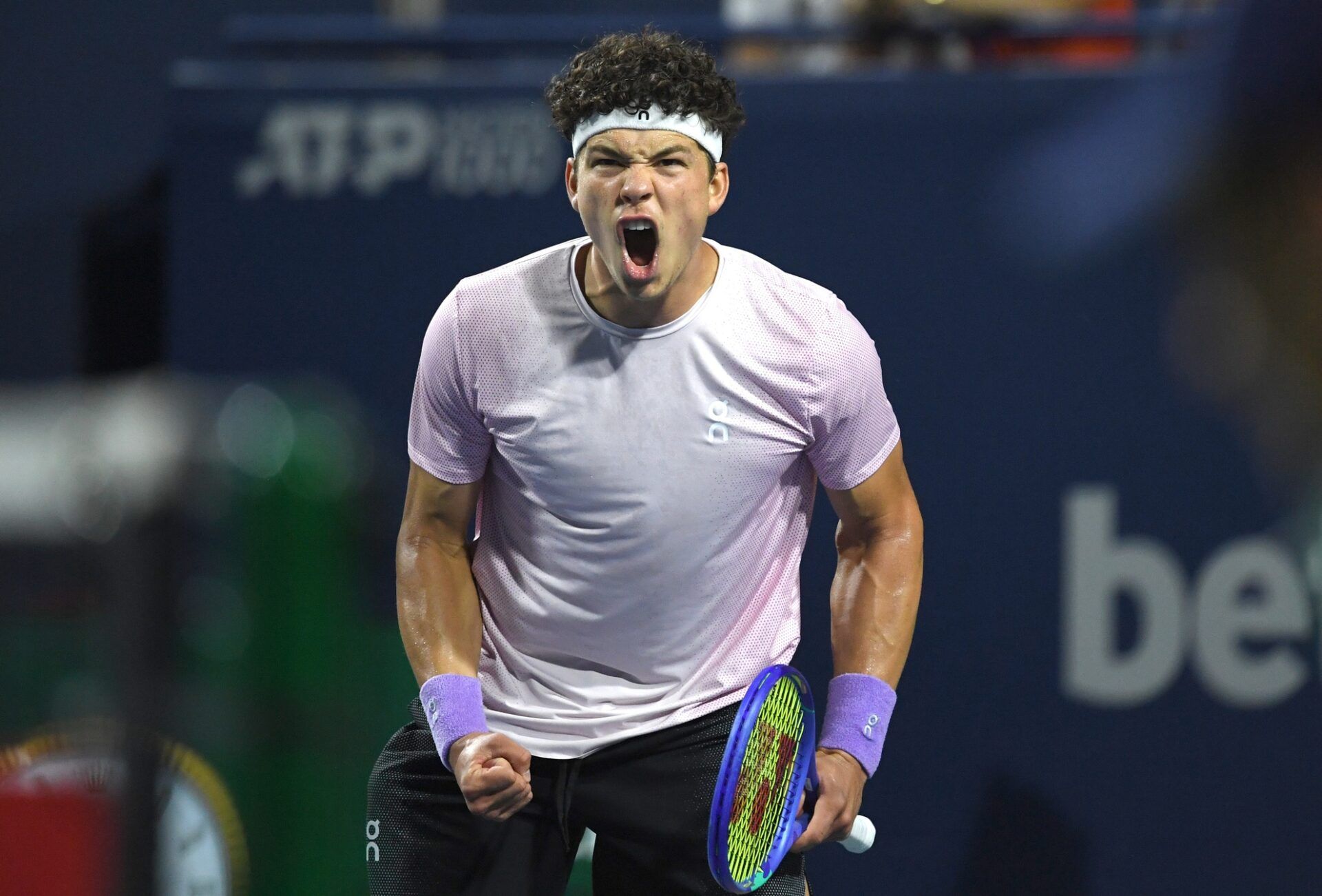 Toronto, ON, Canada;   Ben Shelton (USA) reacts after winning a game against Karen Khachanov during the singles final at Sobeys Stadium.