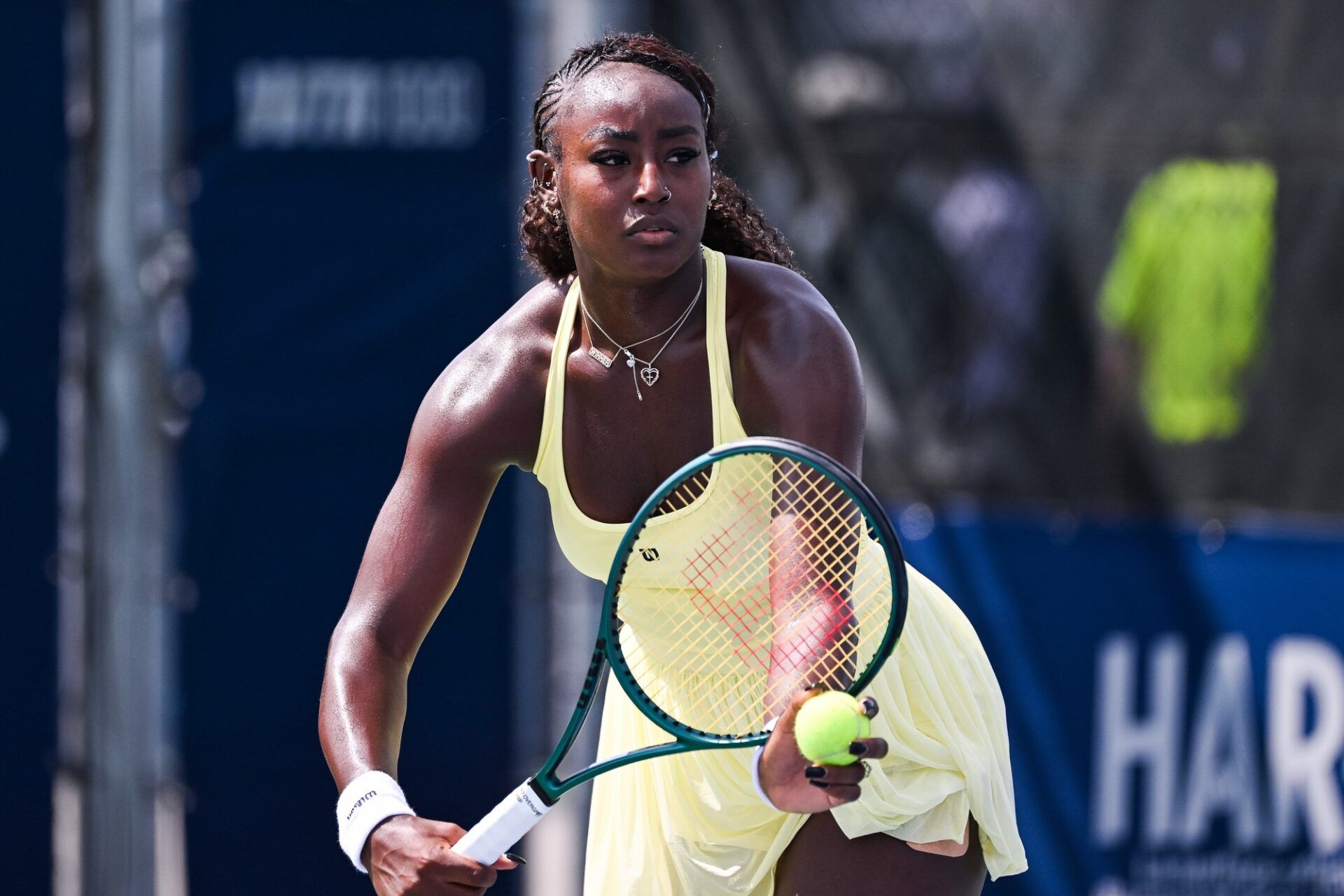 Alycia Parks (USA) serves the ball to Caty McNally (USA) in first round play at IGA Stadium.
