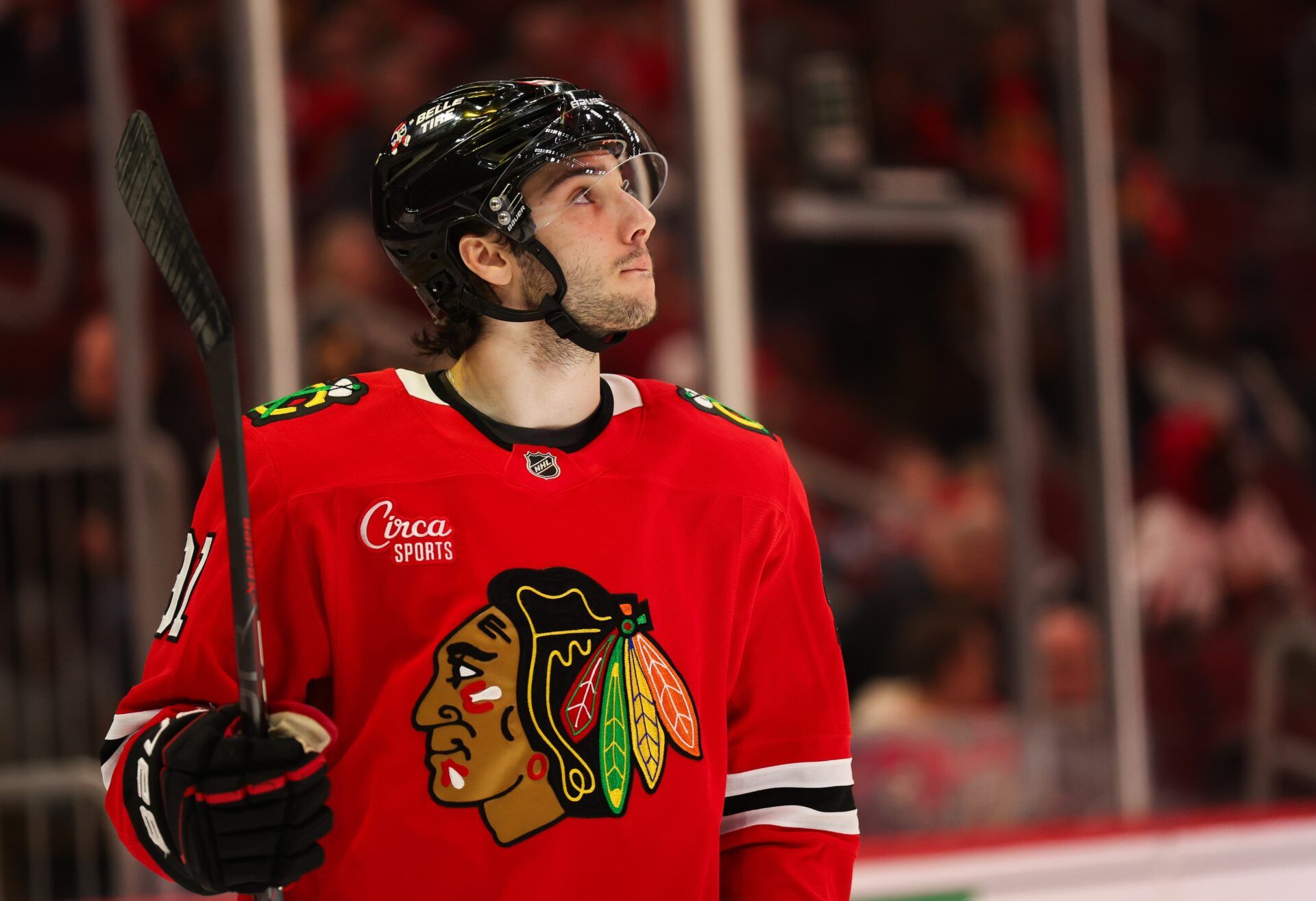 Chicago Blackhawks center Frank Nazar (91) warms up before the second period against the Pittsburgh Penguins at United Center.