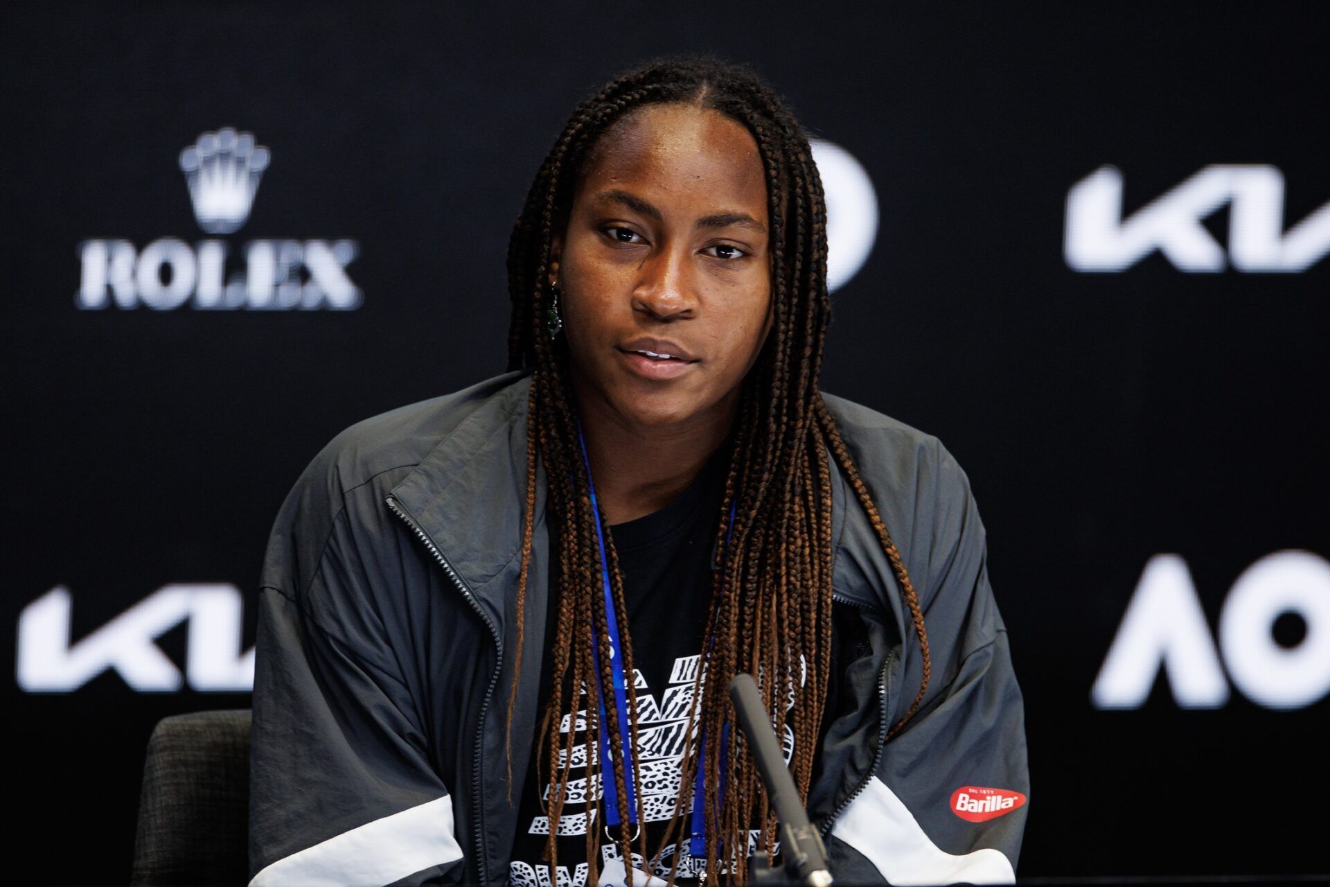 Coco Gauff of the United States holds a press conference after her victory over Emma Raducanu of Great Britain in the second round of the womens singles on day three of the 2023 Australian Open tennis tournament at Melbourne Park.