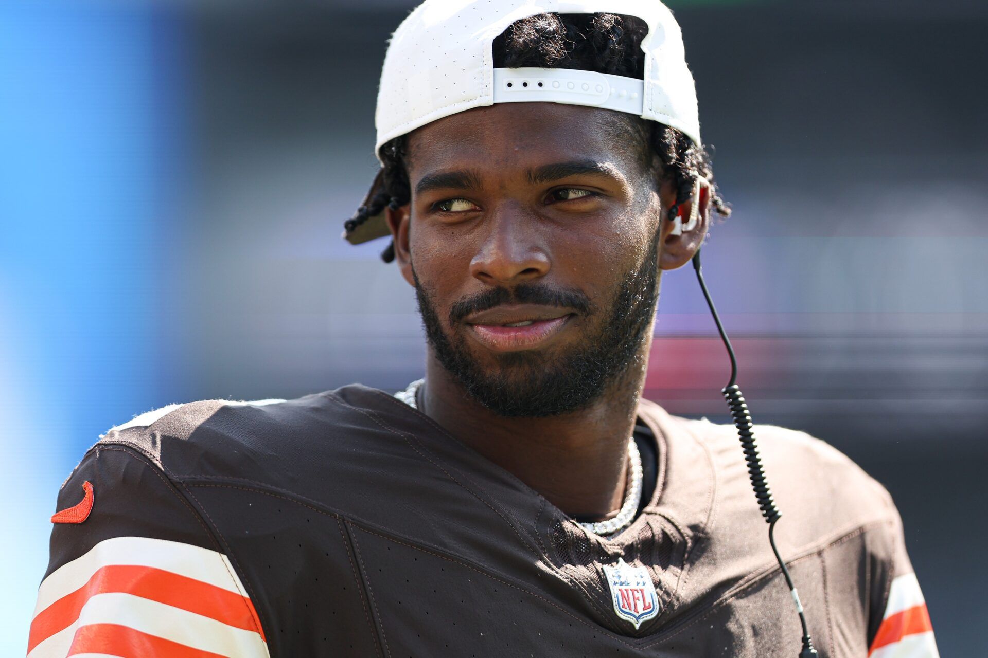 Cleveland Browns quarterback Shedeur Sanders looks on during the third quarter against the Philadelphia Eagles at Lincoln Financial Field.