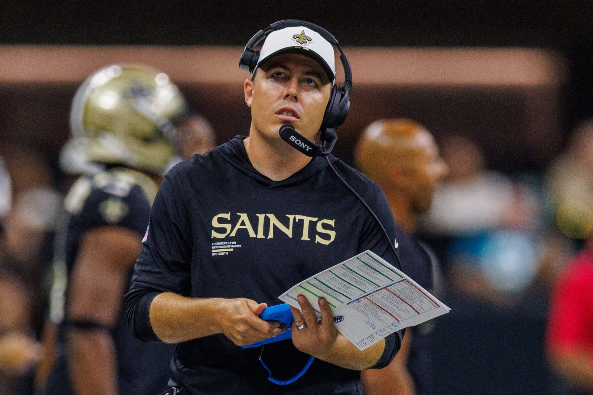 New Orleans Saints head coach Kellen Moore looks on against the Jacksonville Jaguars during the second half at Caesars Superdome.
