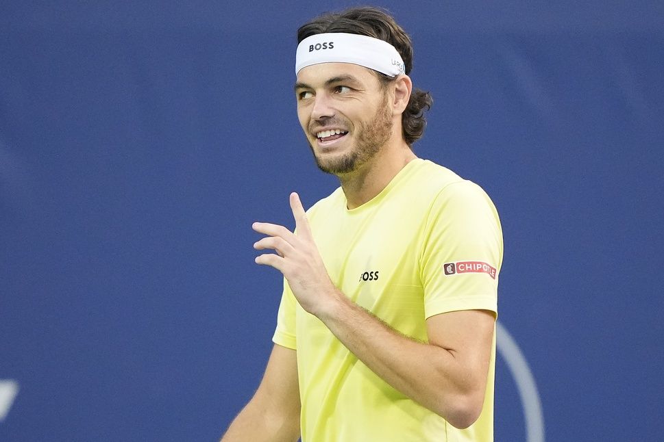Taylor Fritz (USA) smiles during a match against Andrey Rublev (not pictured) during quarterfinals at Sobeys Stadium.