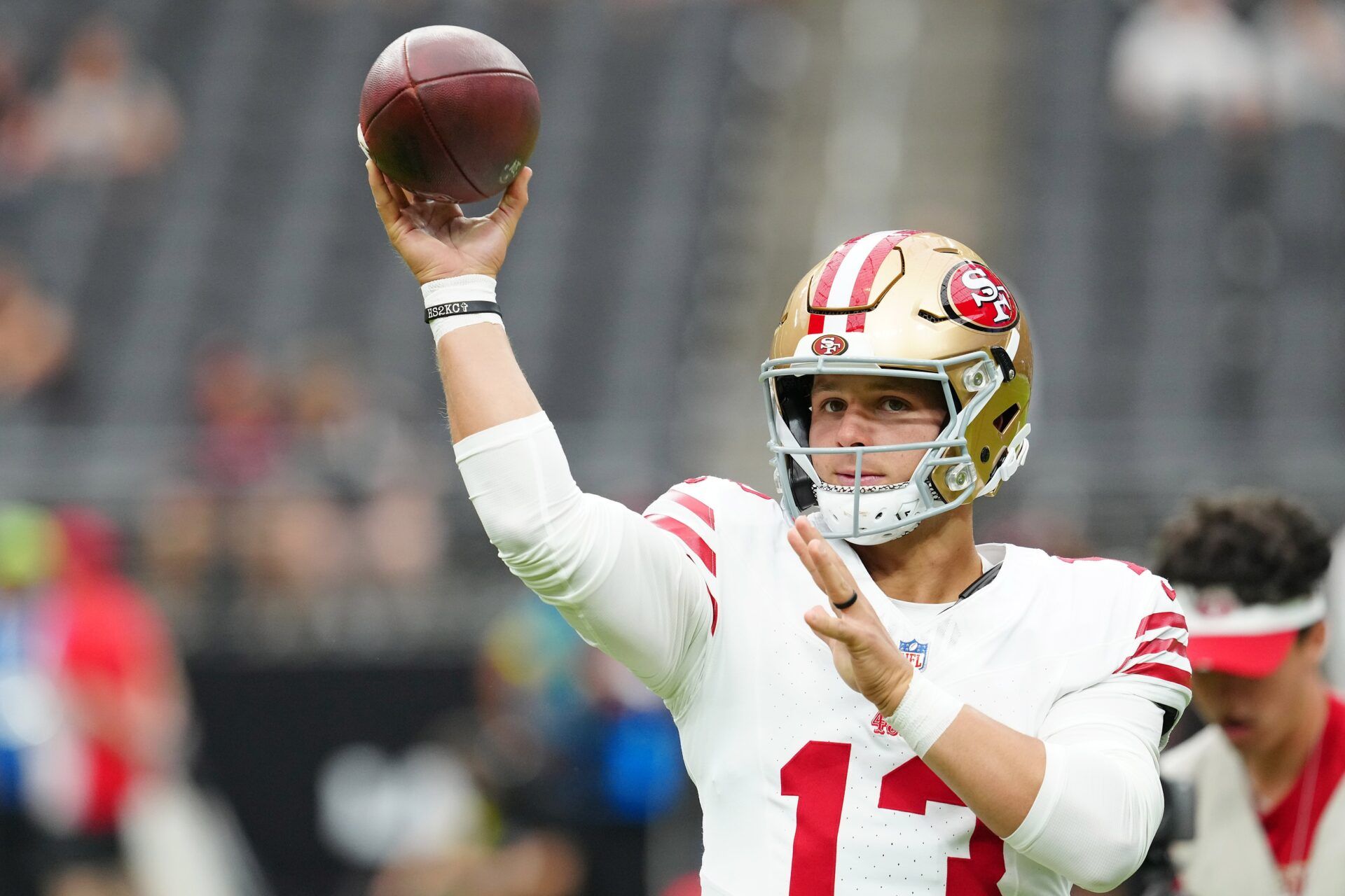 San Francisco 49ers quarterback Brock Purdy (13) warms up before a preseason game against the Las Vegas Raiders at Allegiant Stadium.