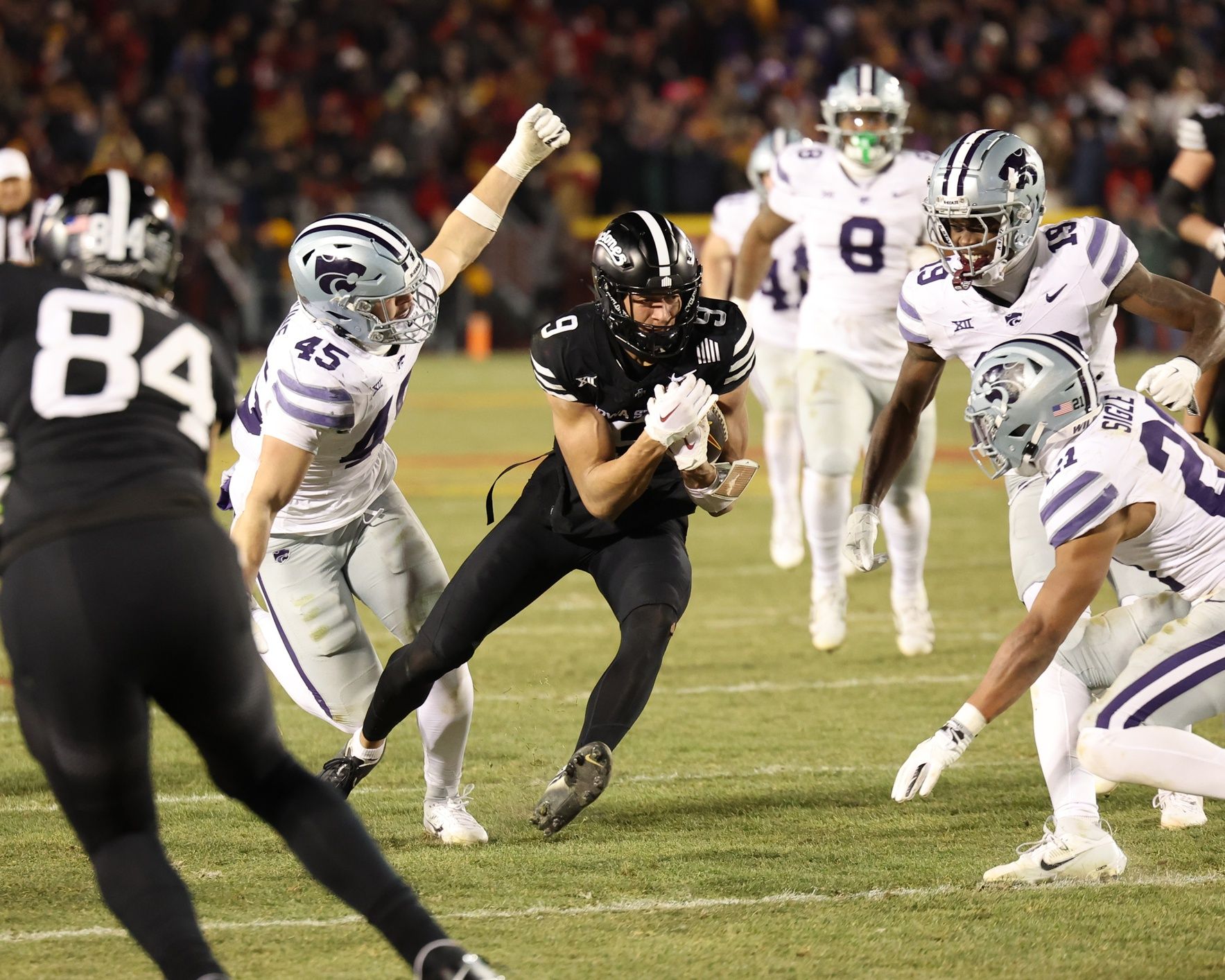 Iowa State Cyclones wide receiver Jayden Higgins (9) catches a pass for a first down against the Kansas State Wildcats in the second quarter at at Jack Trice Stadium.